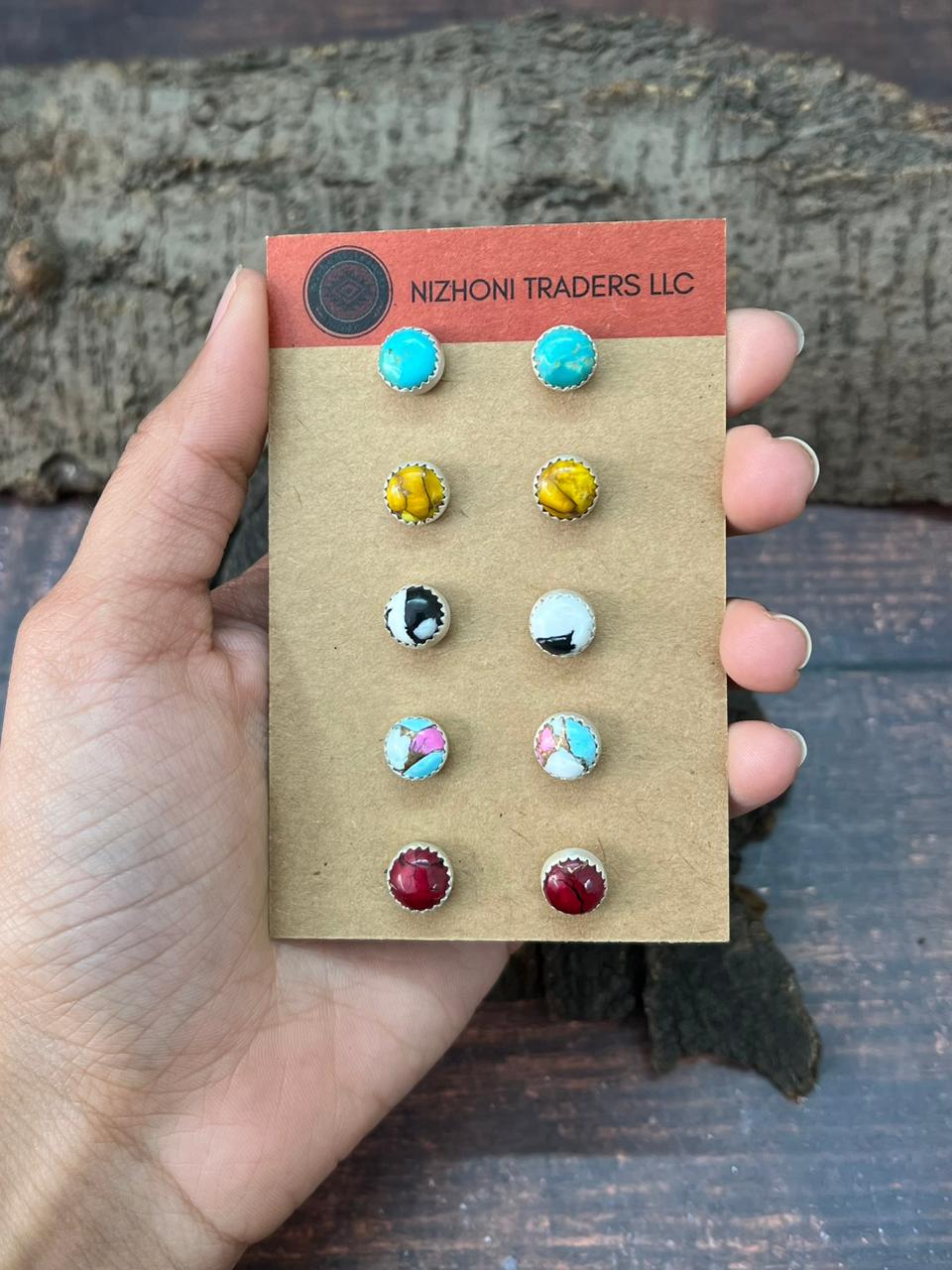 Handmade Sterling Silver Multi Stones Post Studs Earrings Set