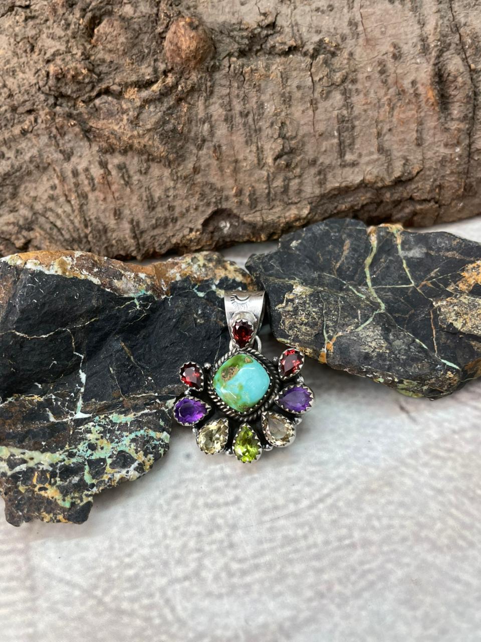 Handmade Sterling Silver Sonoran with Cut Stones Pendant "Signed Nizhoni"