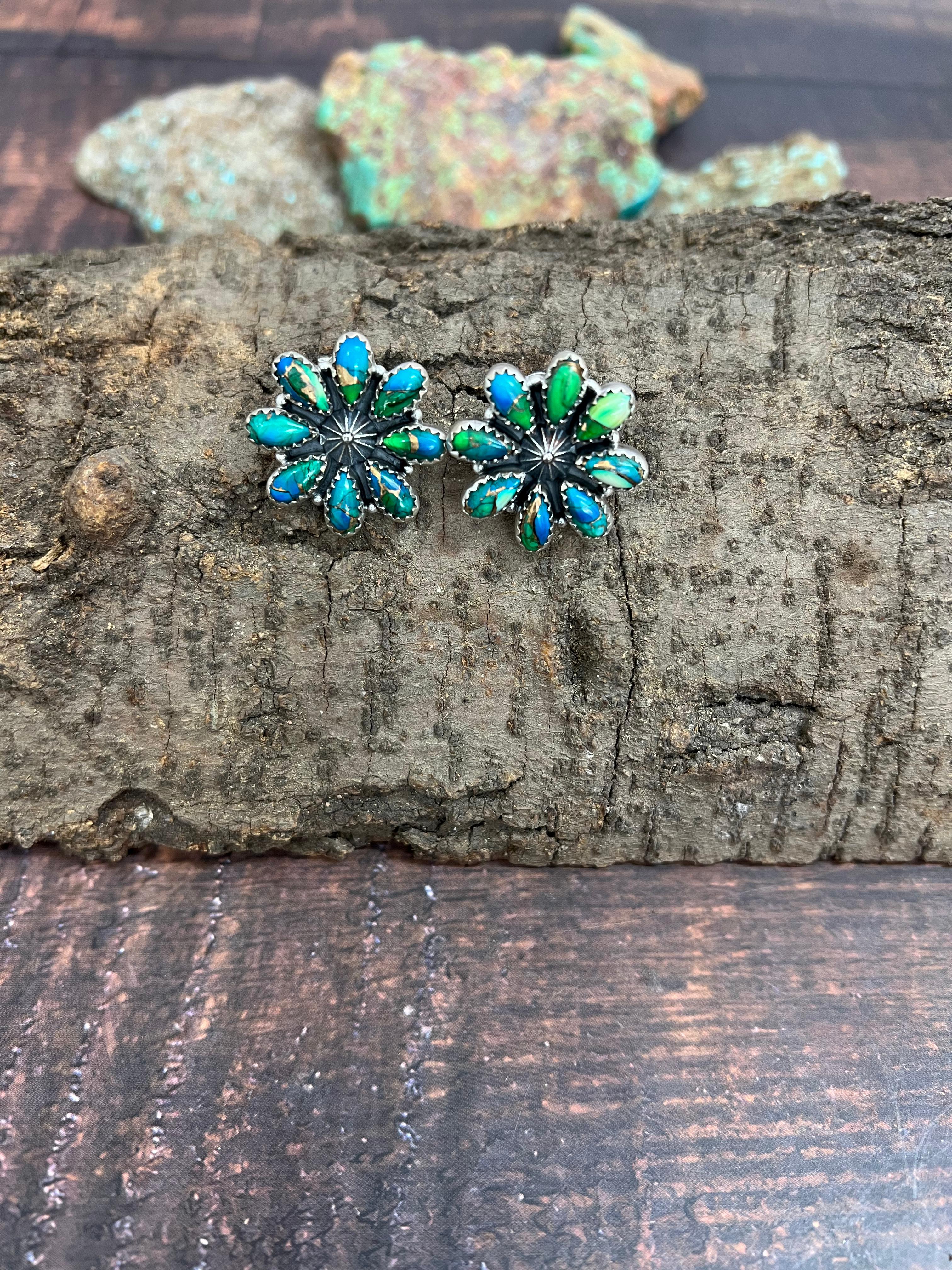 Handmade Sterling Silver Peacock Dahlia Post Earrings with Signed Nizhoni