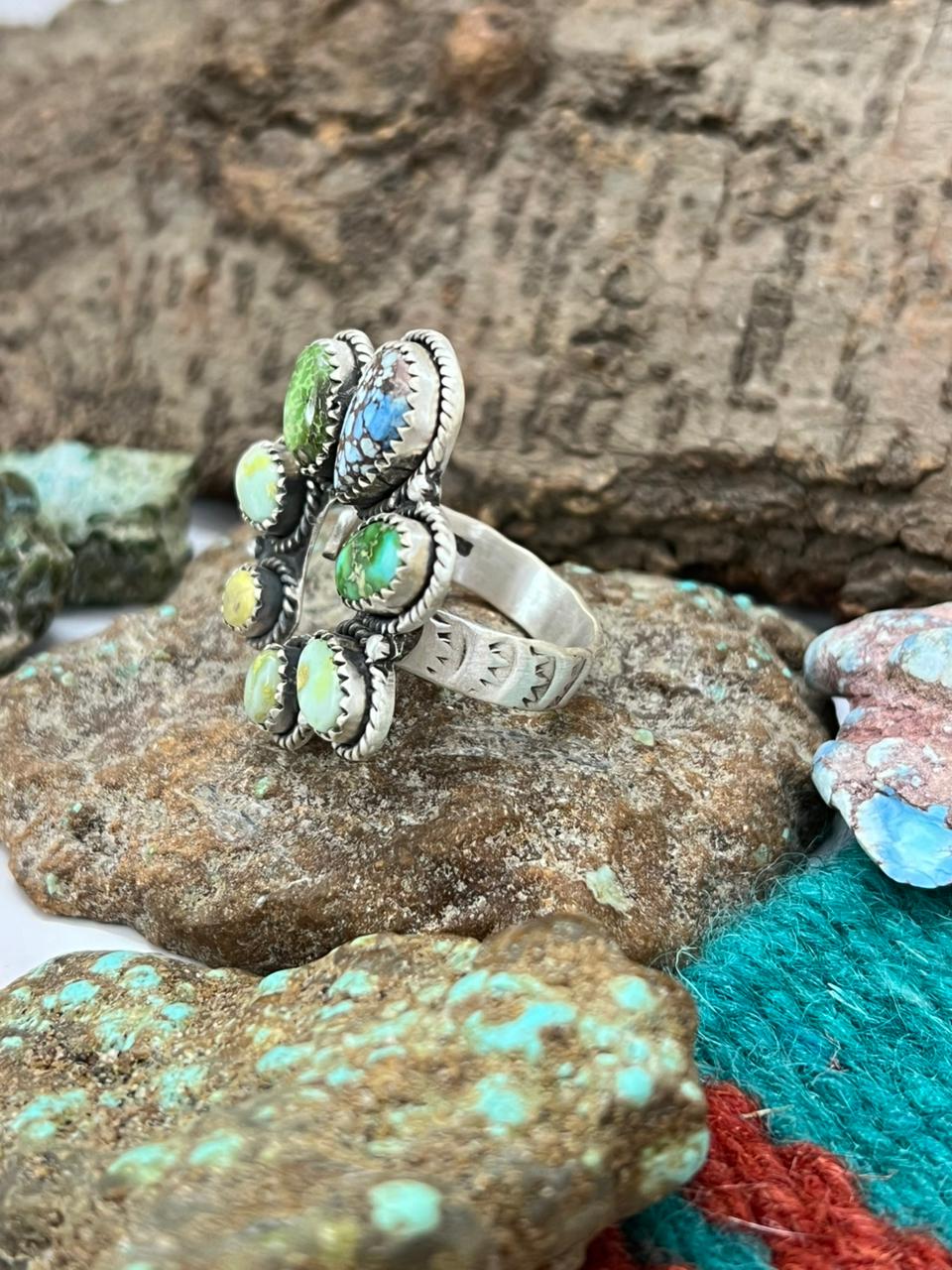 Handmade Sterling Silver Palomino with Golden Hills and Sonoran Mountain Turquoise Adjustable Ring " Signed Nizhoni"