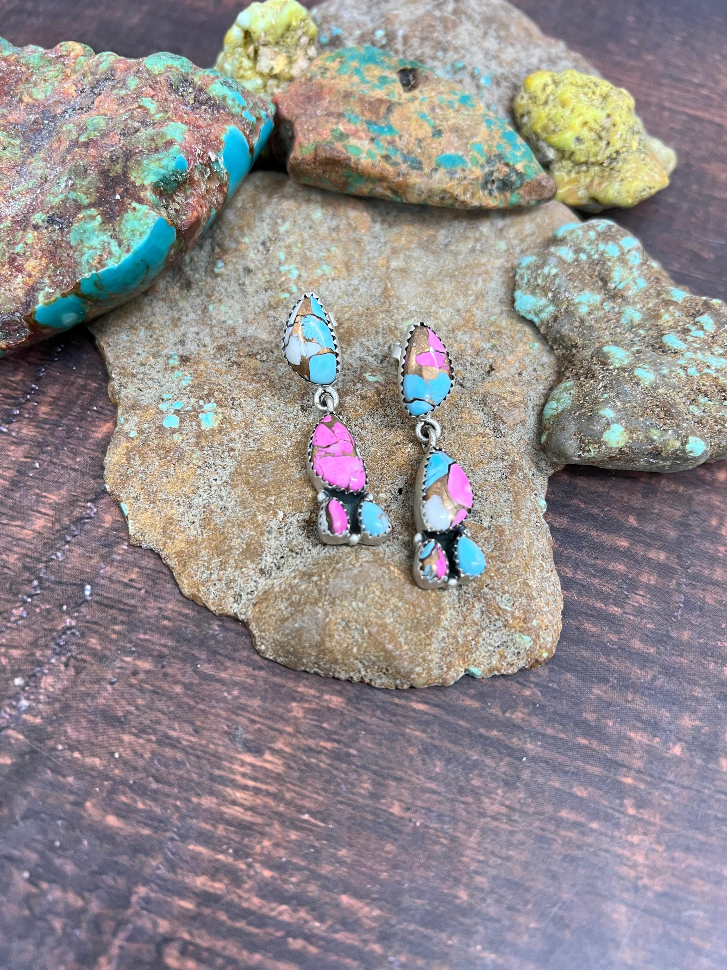 Handmade Sterling Silver Cotton Candy Turquoise Post Earrings with Signed Nizhoni