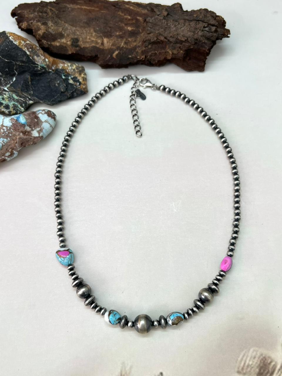 Handmade Sterling Silver Beaded Cotton Candy Necklace "Signed Nizhoni"