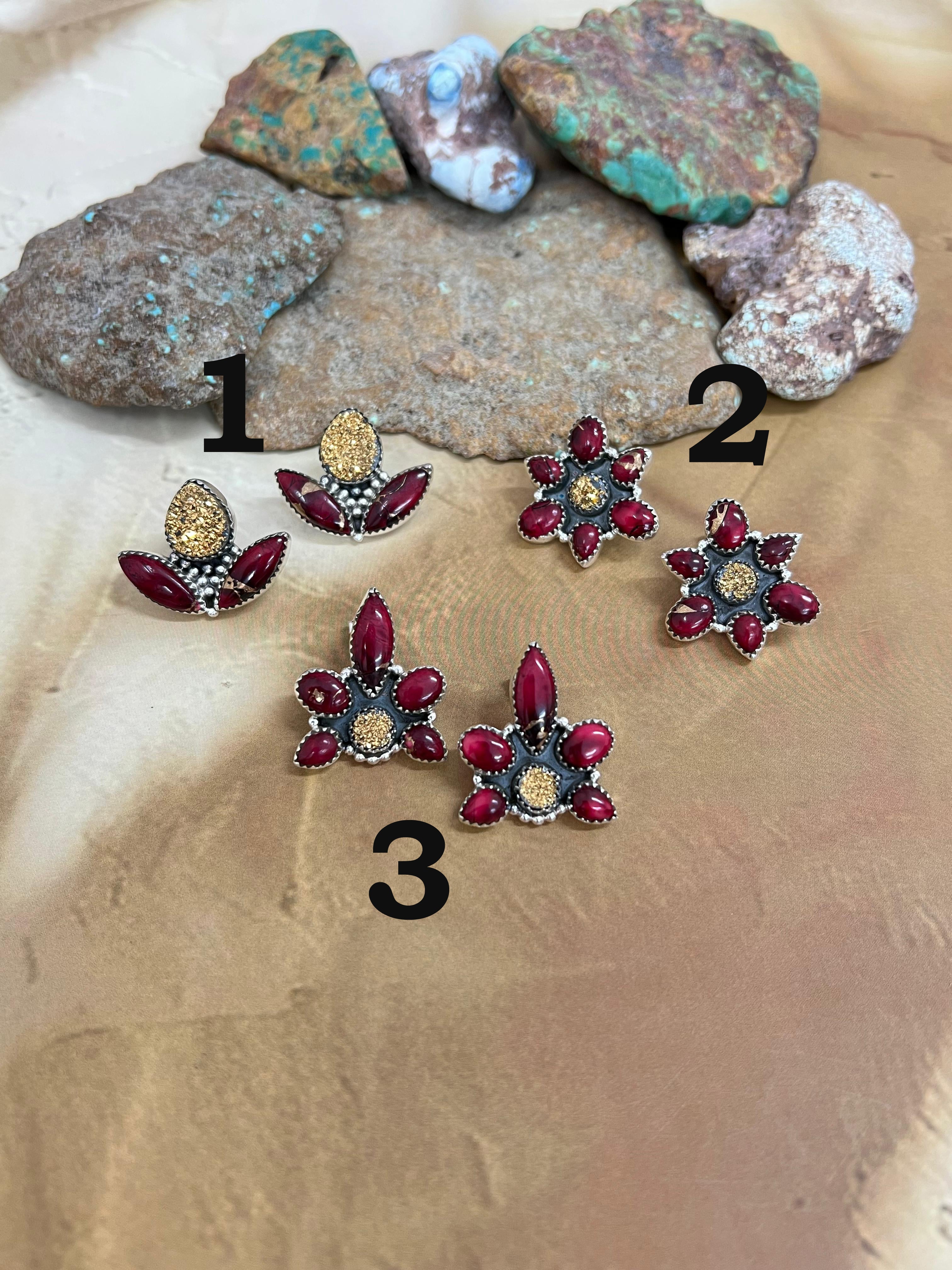 Handmade Sterling Silver Dahlia Rose with Druzy Studs, Signed Nizhoni