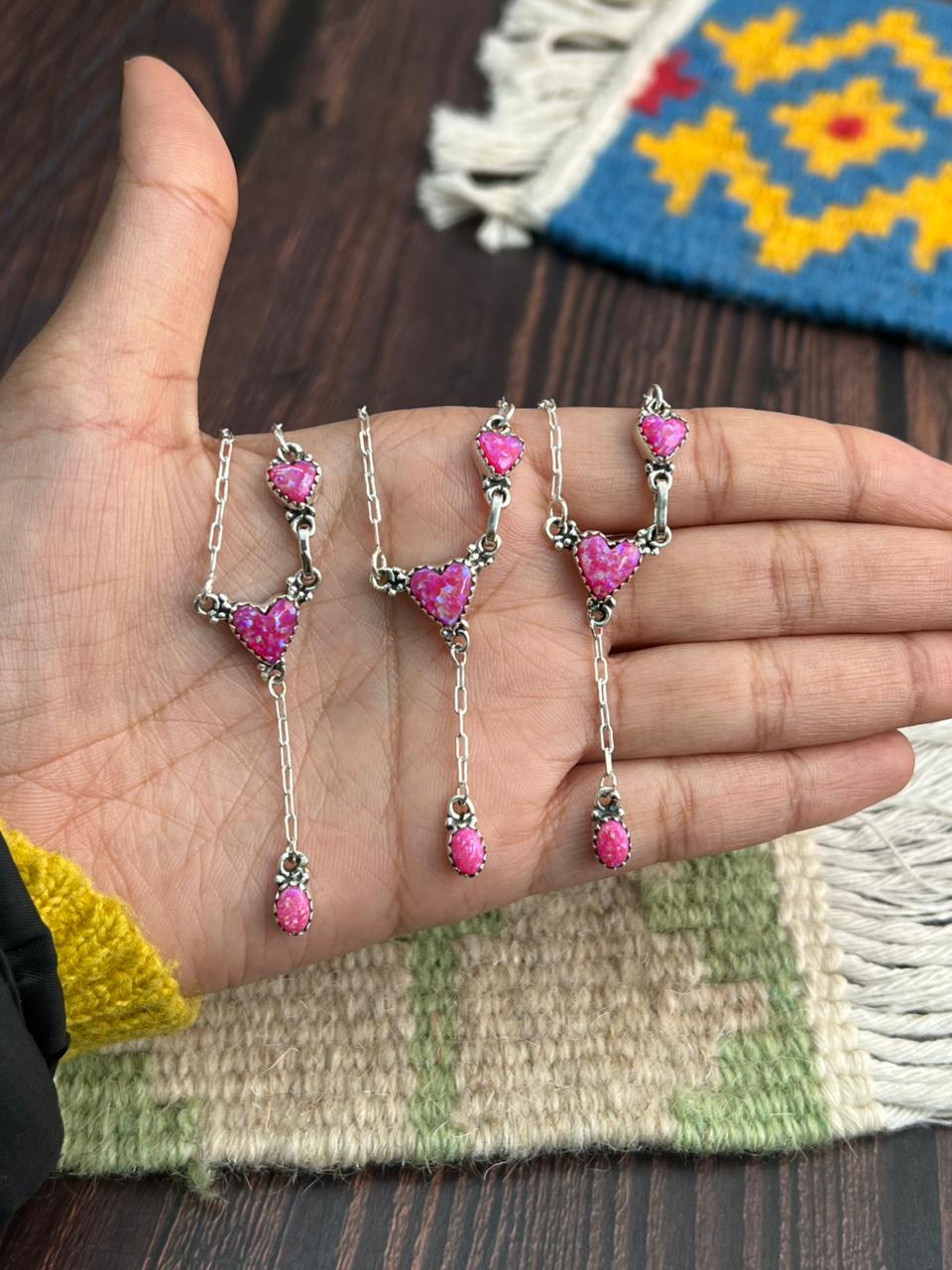 "Heart Collection" Handmade Sterling Silver Hot Pink Necklace "Signed Nizhoni"