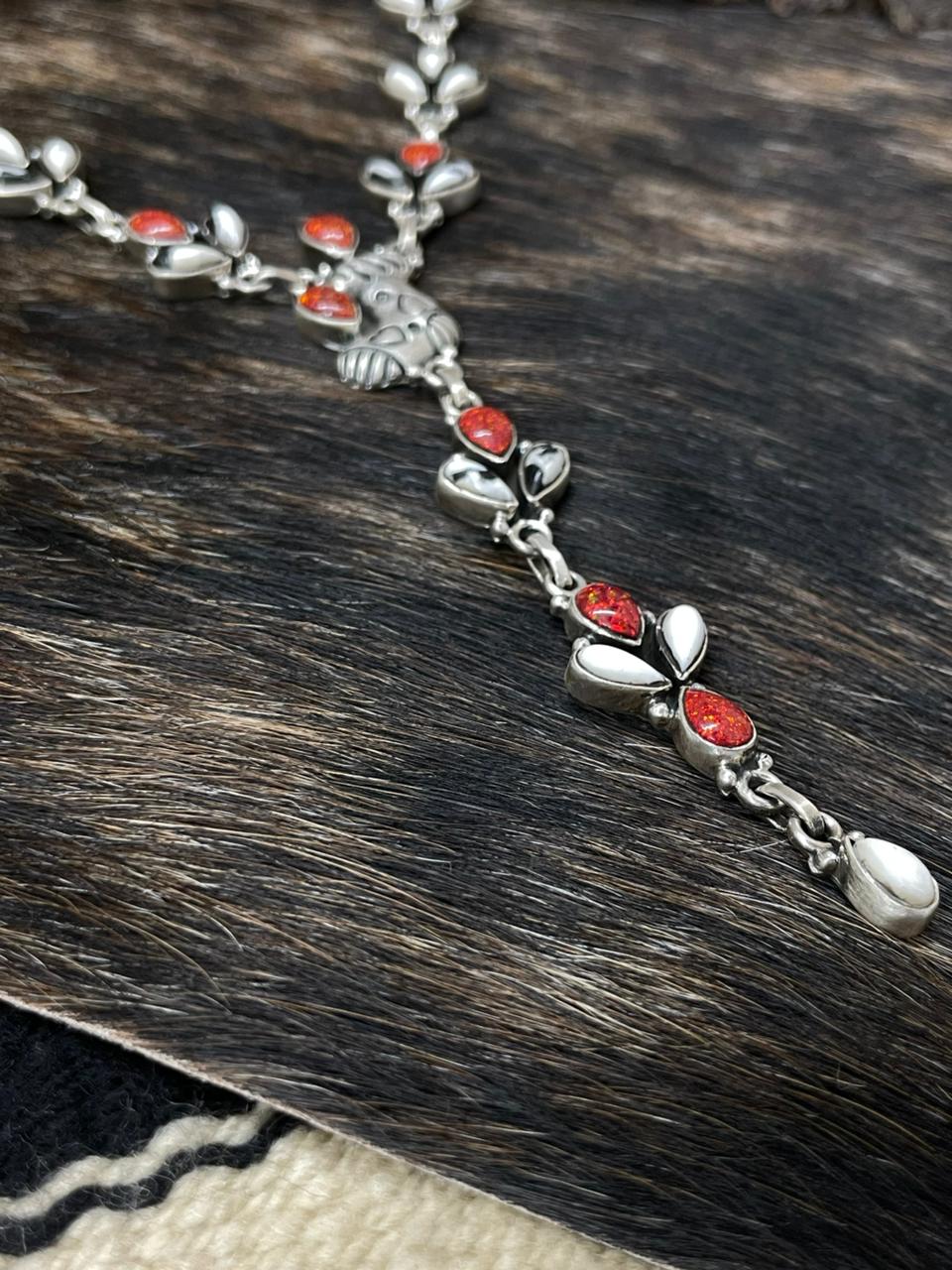 Handmade Sterling Silver White Buffalo with Red Opal Lariat Necklace "Signed Nizhoni"