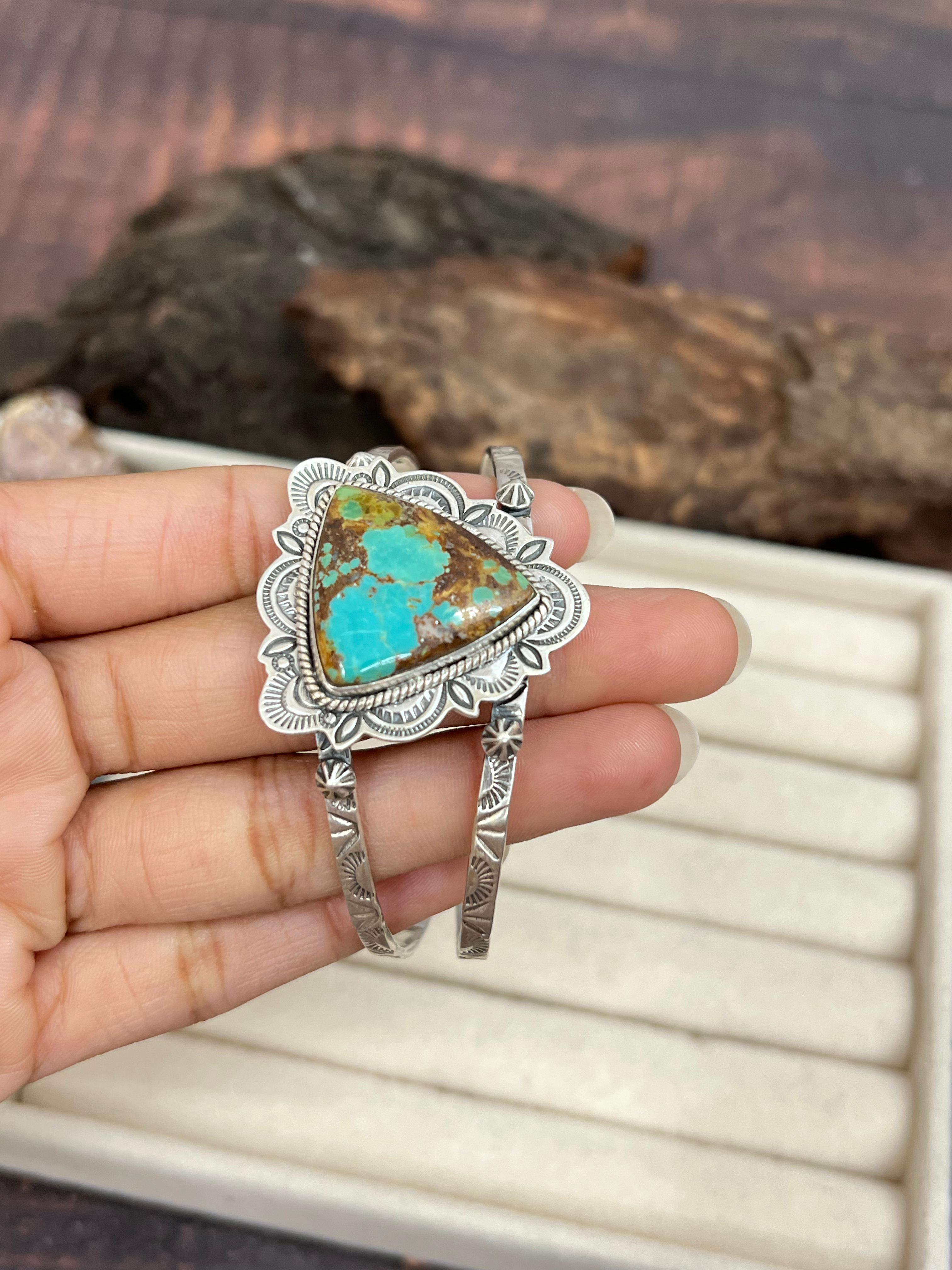 Handmade Sterling Silver Mantis Turquoise Cuff Bracelet Signed Nizhoni