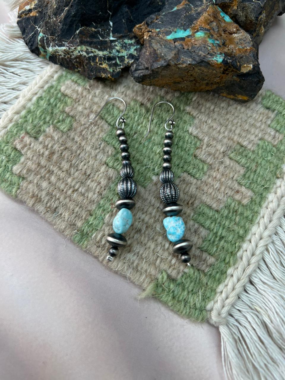 Handmade Sterling Silver Beaded White Water Hook Dangle Earrings "Signed Nizhoni"