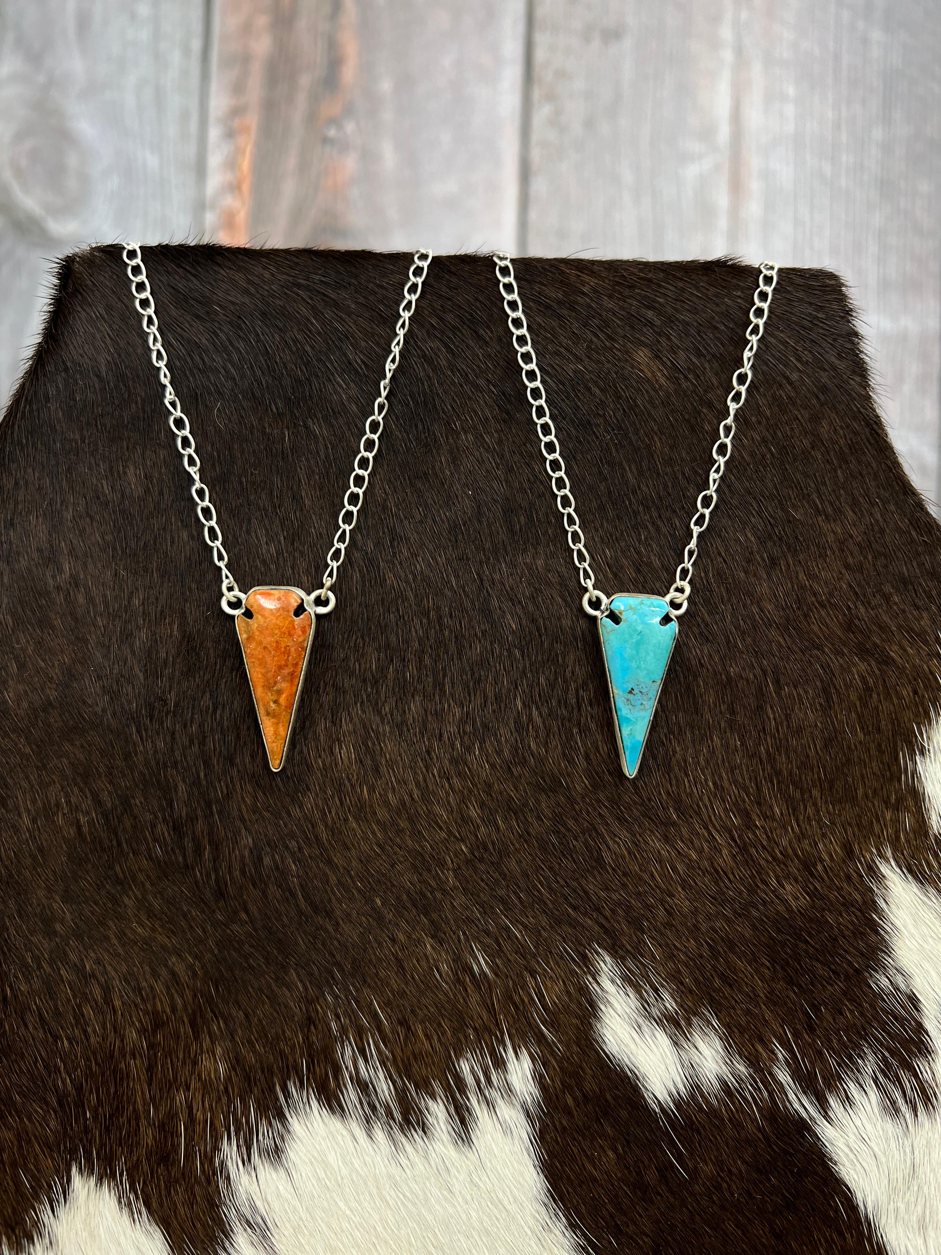 Handmade Sterling Silver Orange Mojave, Kingman Turquoise Necklace with Signed Nizhoni