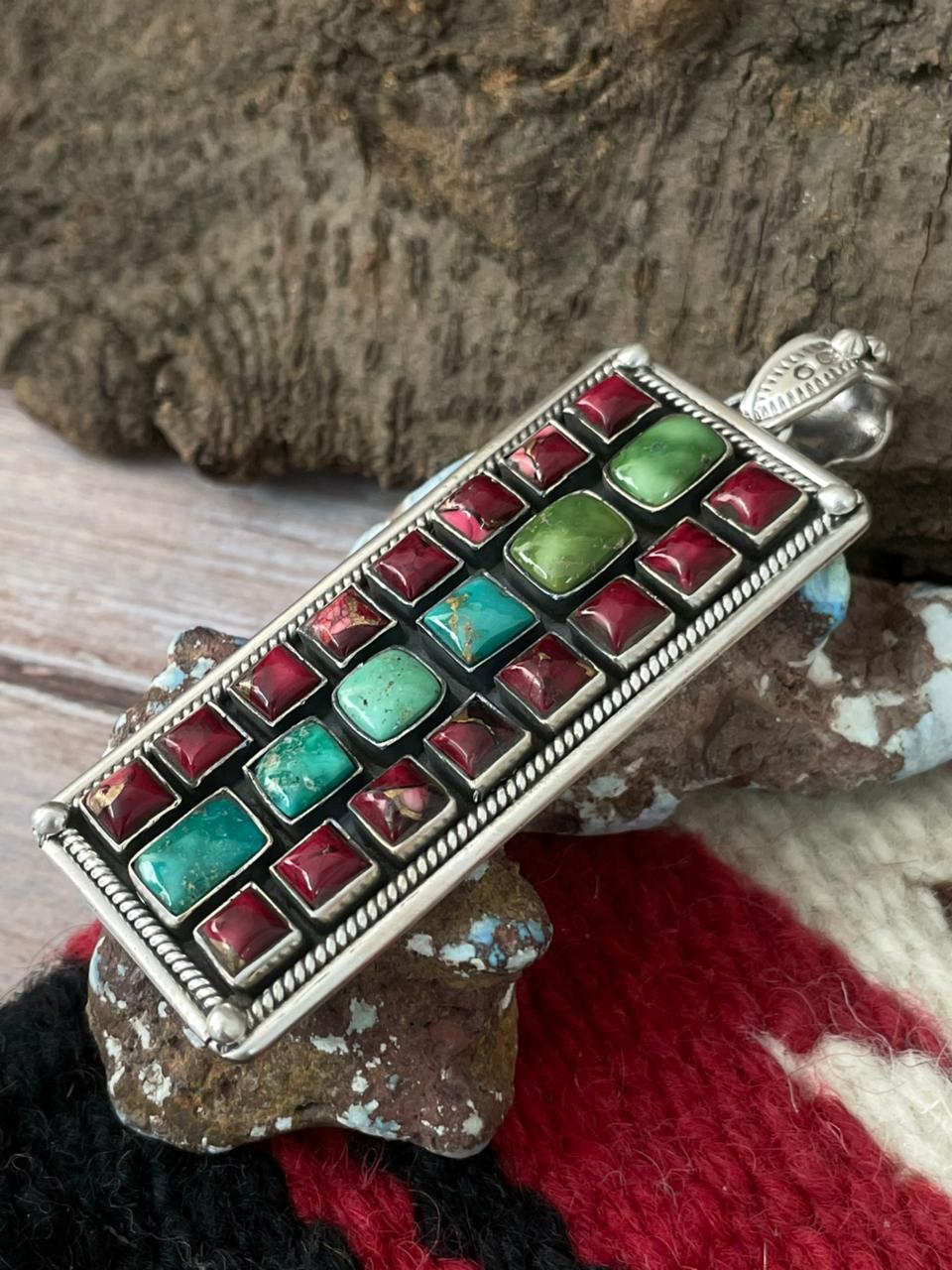 Handmade Sterling Silver Dahlia Rose with Emerald Valley Turquoise Pendant "Signed Nizhoni"