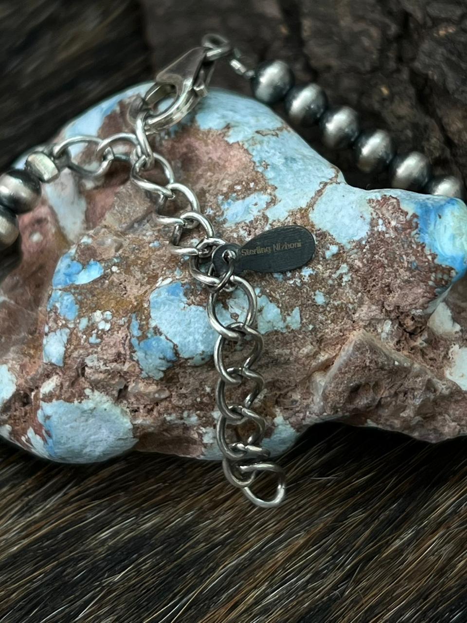 Handmade Sterling Silver Kingman Turquoise Beaded Necklace "Signed Nizhoni"