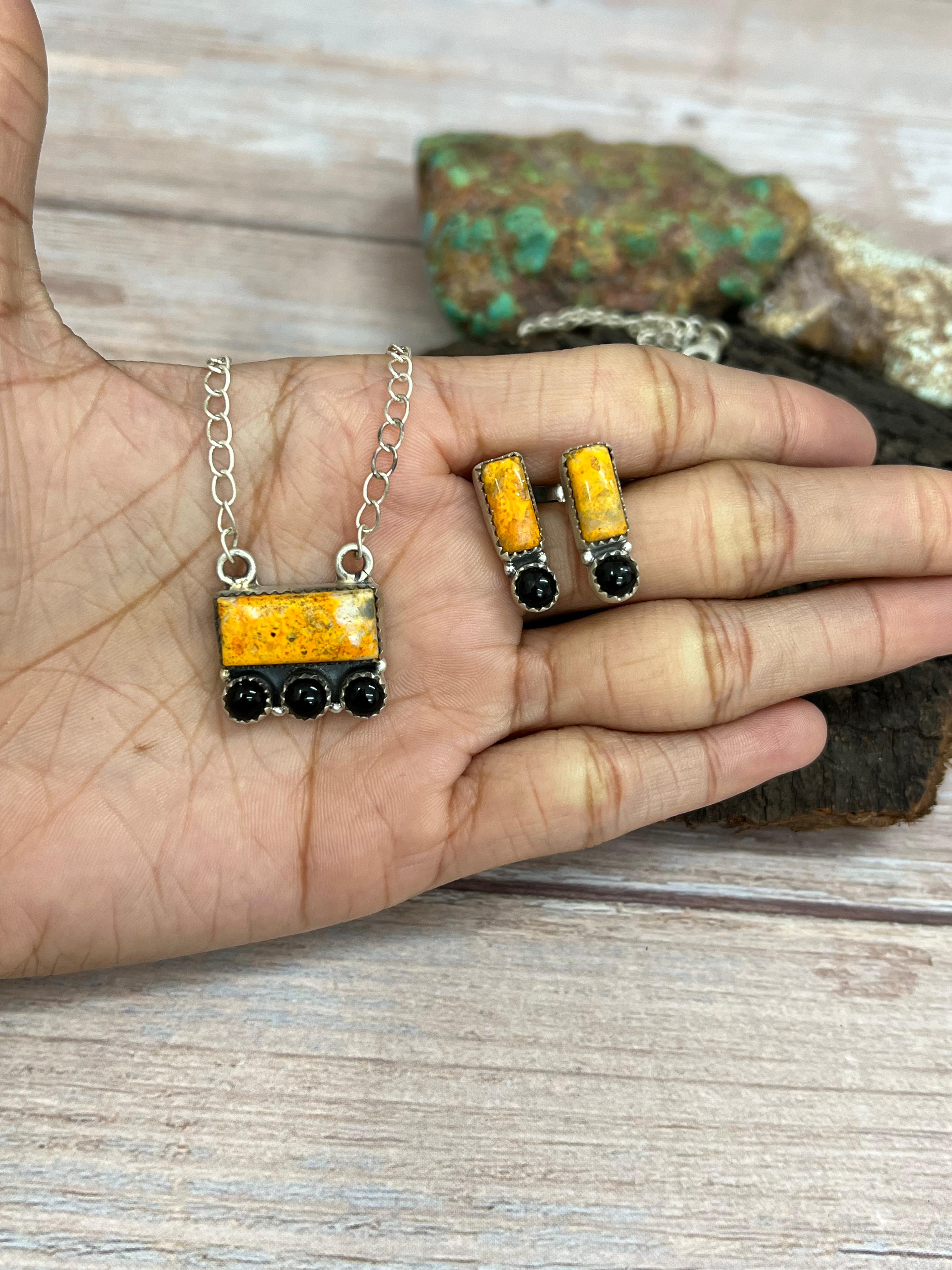 "Halloween Collection" Handmade Sterling Silver Black Onyx, Bumblebee Necklace with Signed Nizhoni