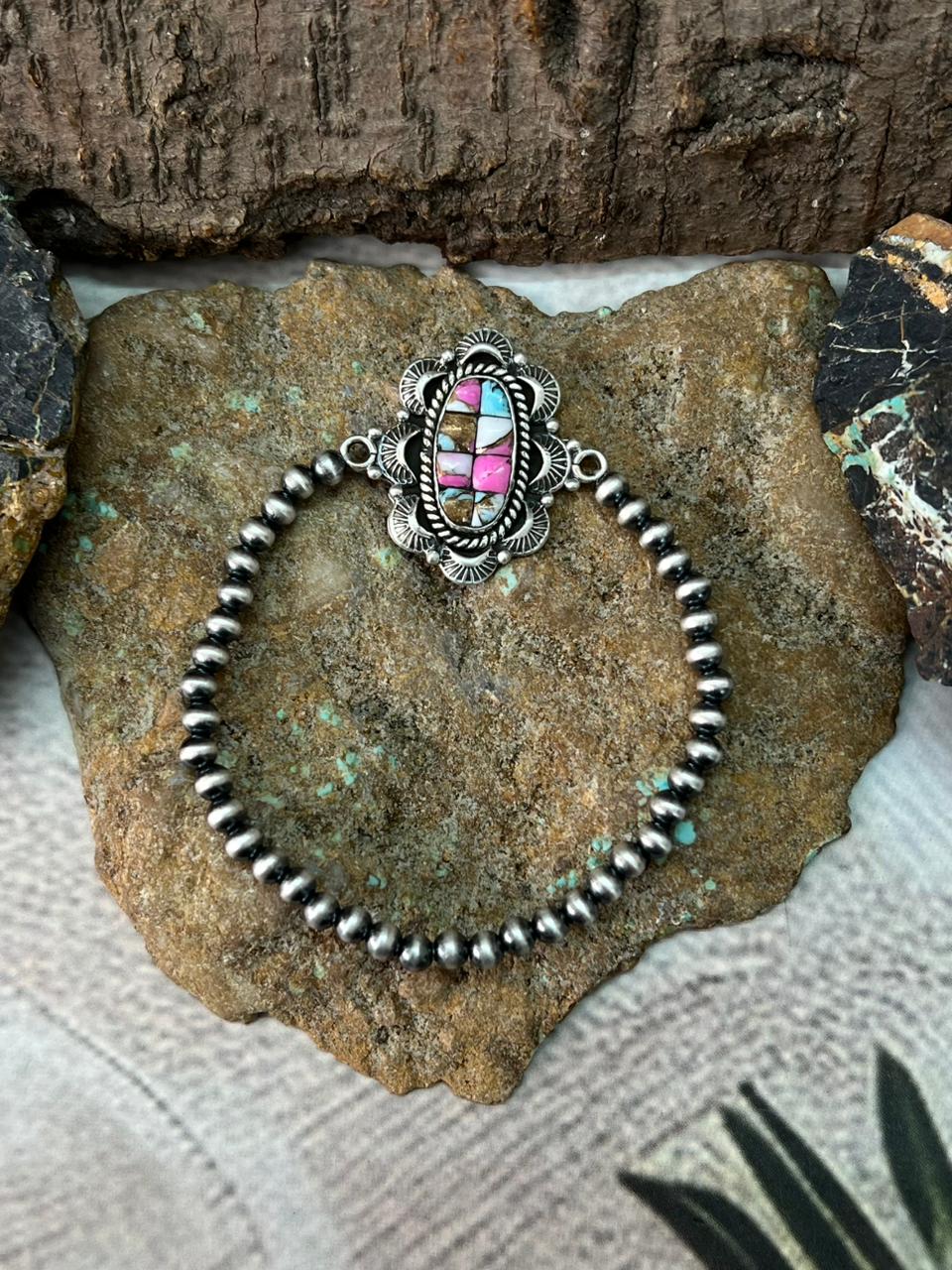 Handmade Sterling Silver Beaded Cotton Candy Bracelet "Signed Nizhoni"