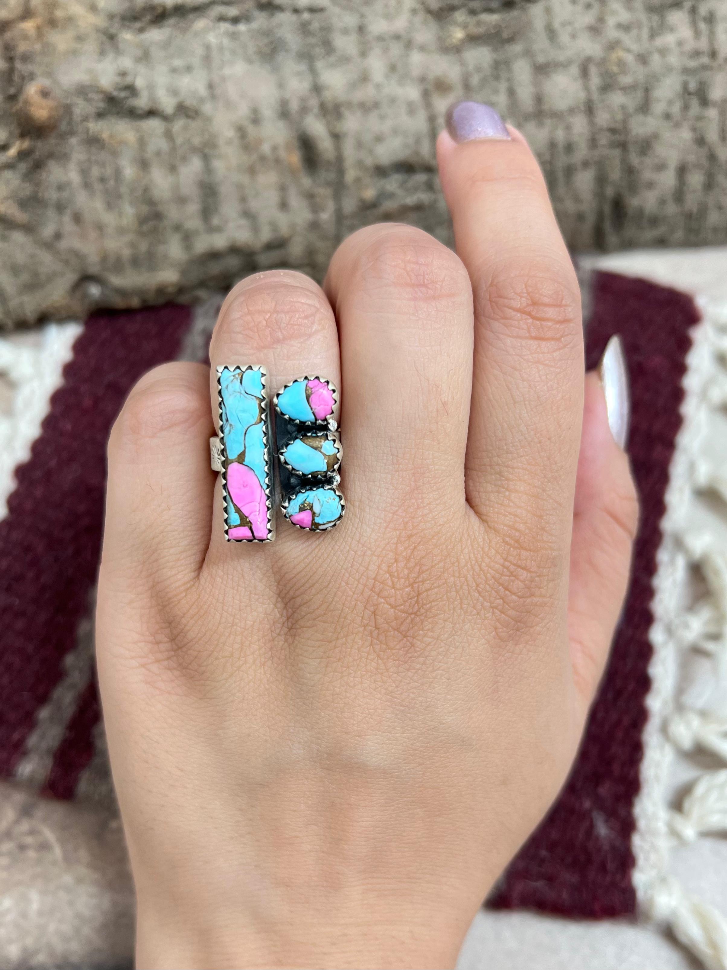 Handmade Sterling Silver Cotton Candy Turquoise Adjustable Rings with Signed Nizhoni