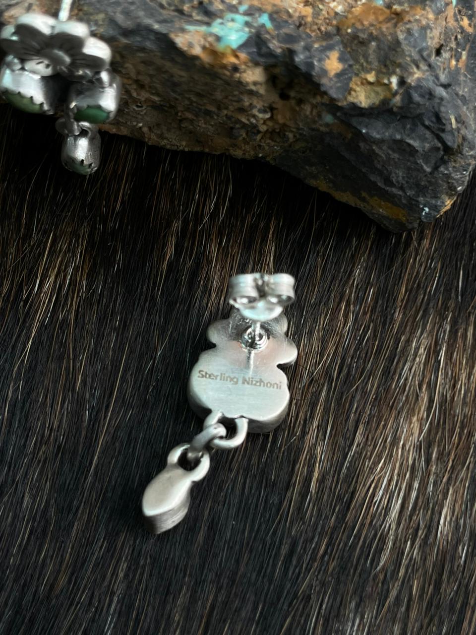 Handmade Sterling Silver Kingman Turquoise Post Dangle Earrings "Signed Nizhoni"