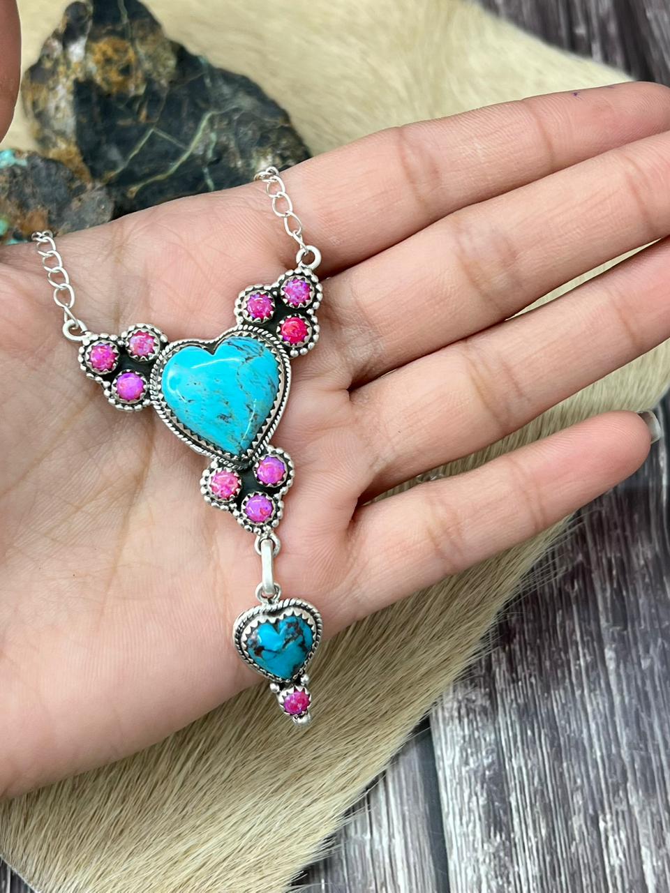 Handmade Sterling Silver Arizona Turquoise with Hot Pink Necklace "Signed Nizhoni"