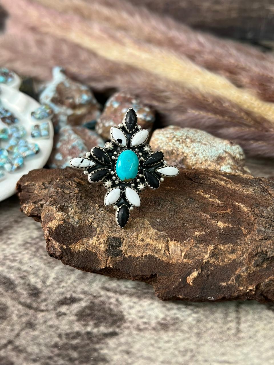 Handmade Sterling Silver White Buffalo with Santa Maria Adjustable Ring "Signed Nizhoni"