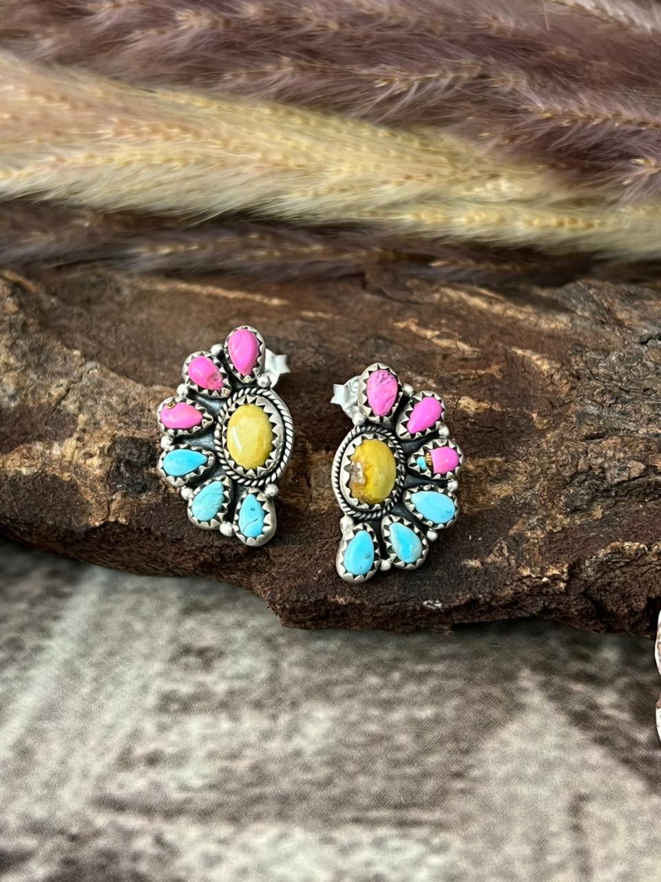Handmade Sterling Silver Cotton Candy with Palomino Post Earrings "Signed Nizhoni"
