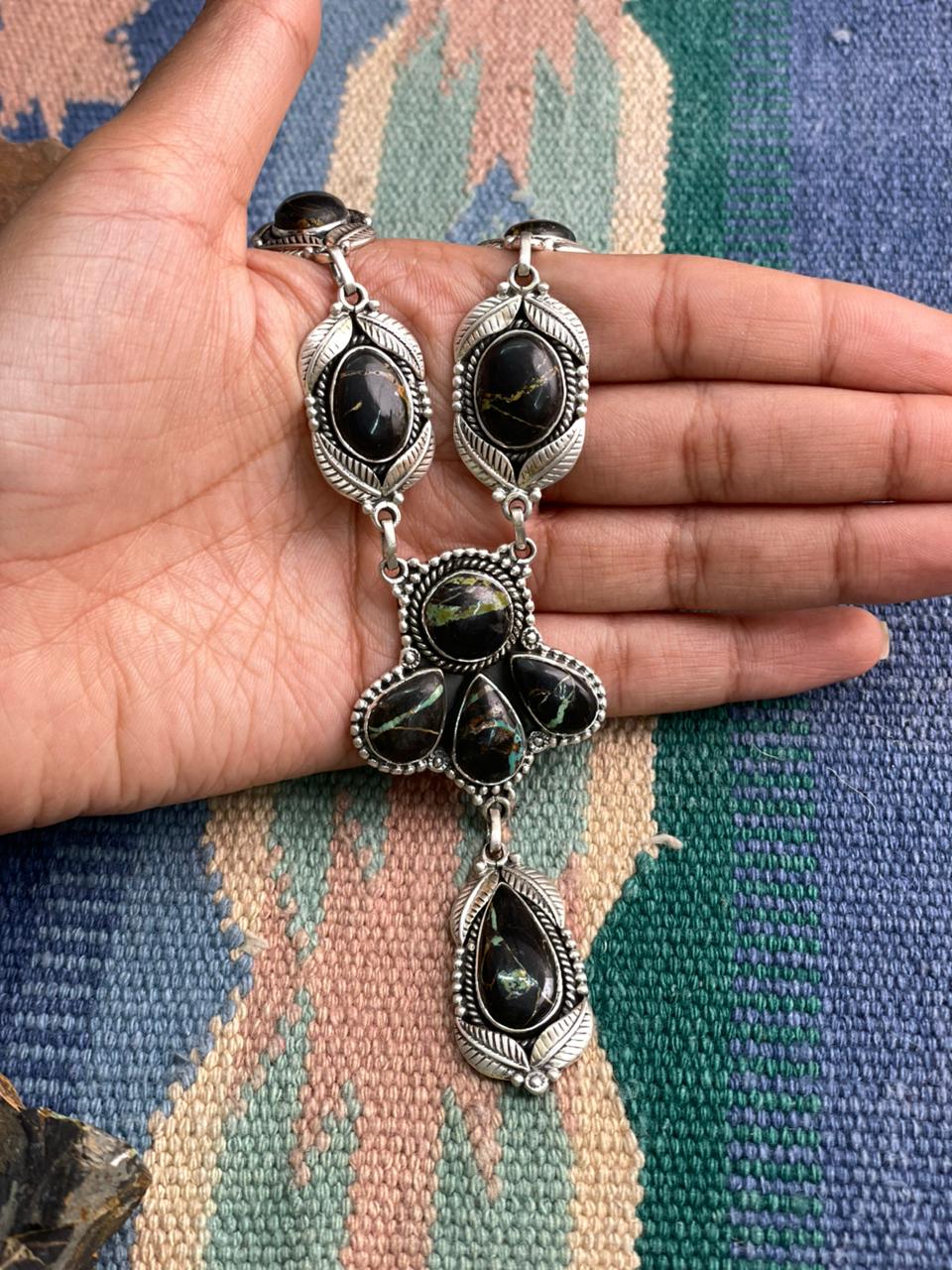 Handmade Sterling Silver Blackjack Turquoise Necklace "Signed Nizhoni"