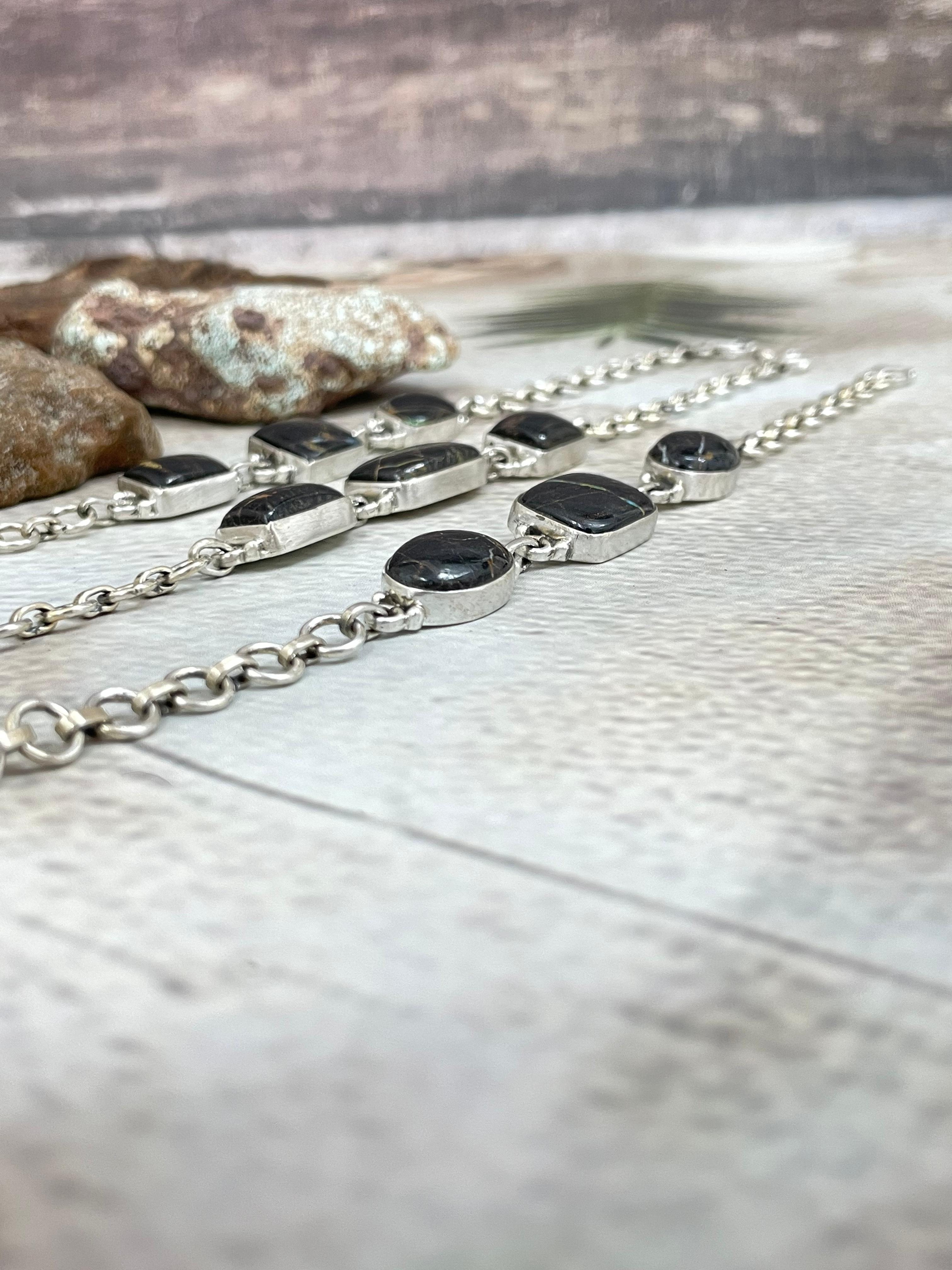 Handmade Sterling Silver Blackjack Turquoise Chain Bracelet Signed Nizhoni