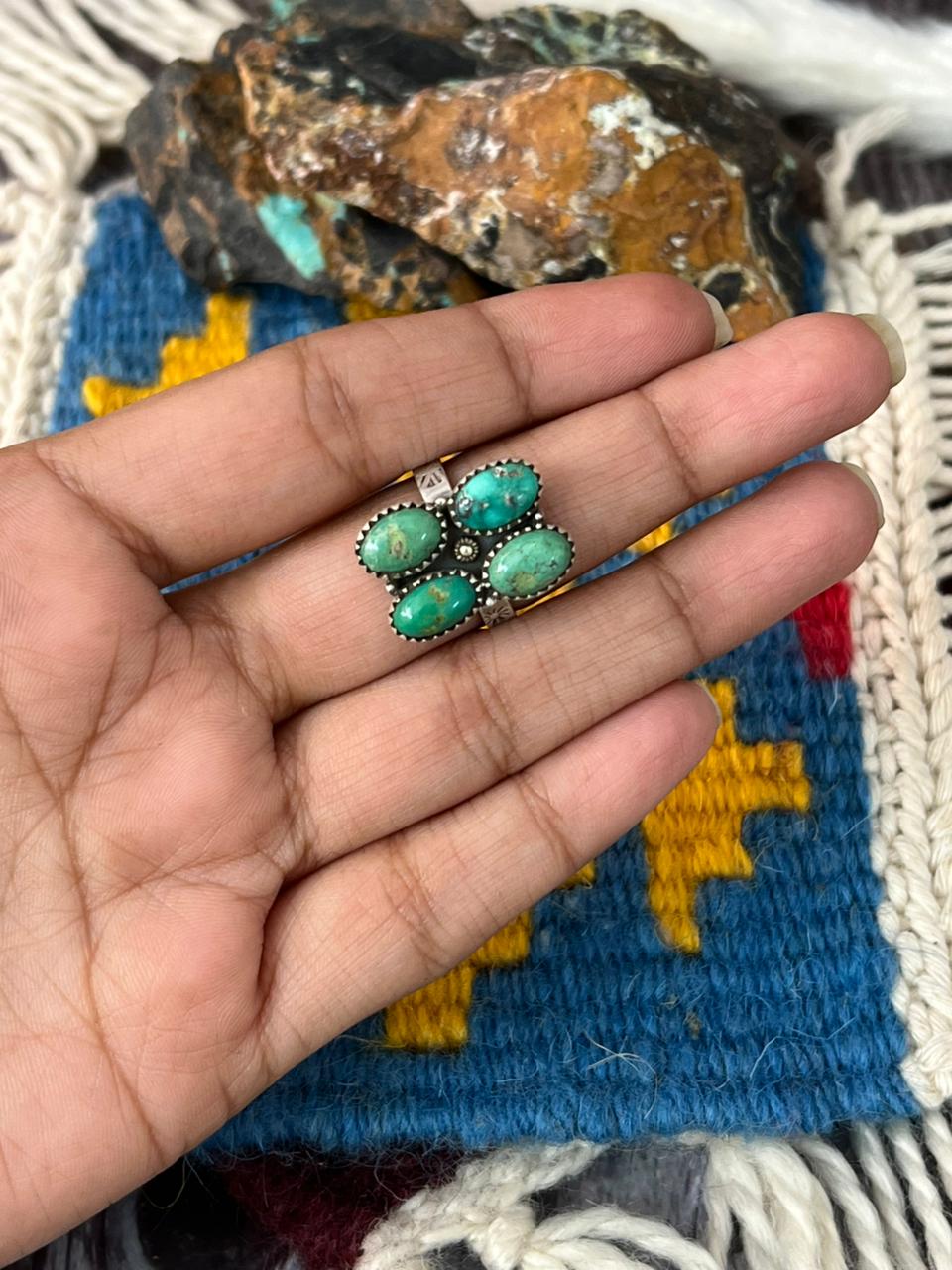 Handmade Sterling Silver Emerald Valley Turquoise Adjustable Ring "Signed Nizhoni"