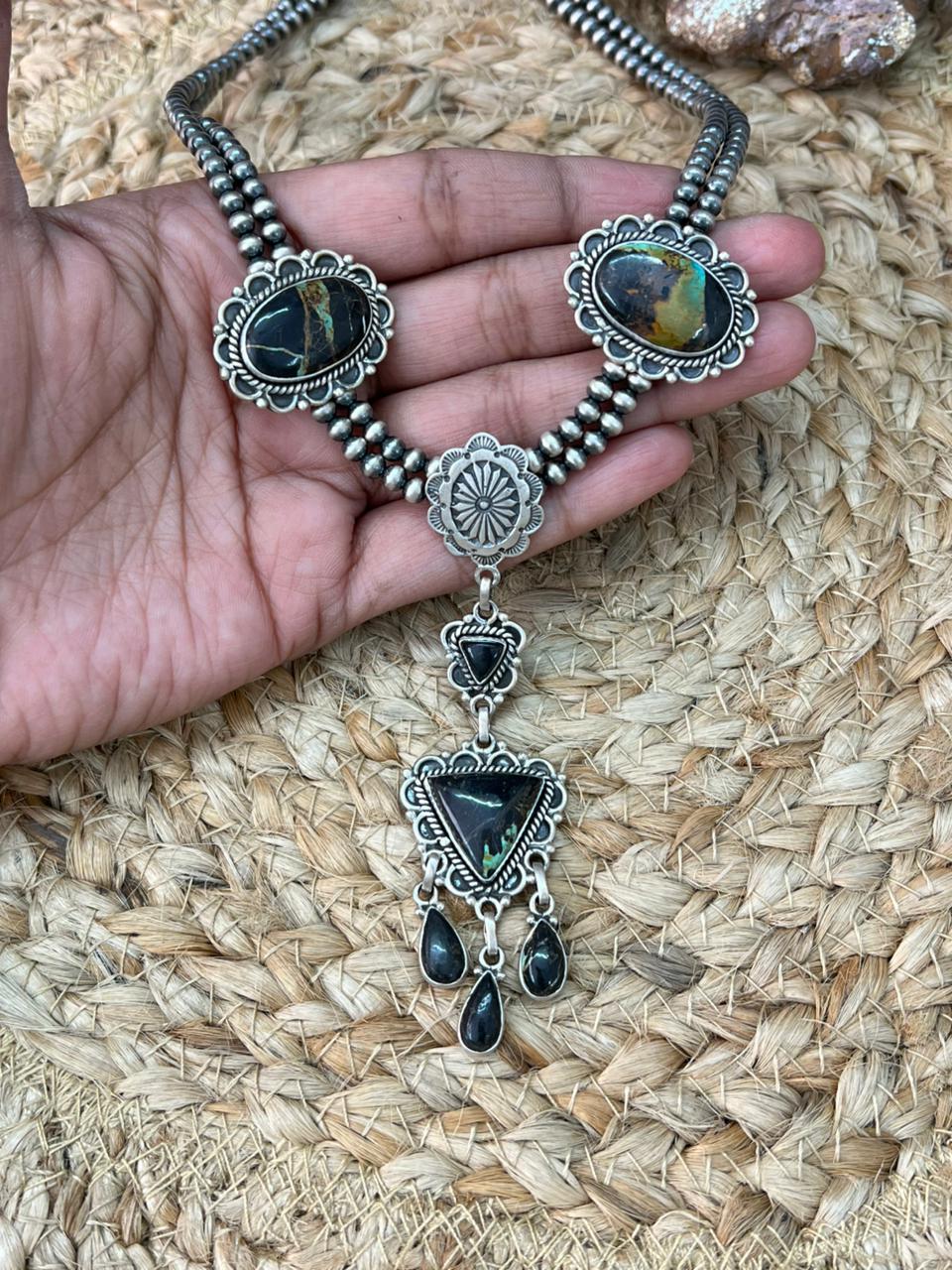 Handmade Sterling Silver Blackjack Turquoise Beaded Necklace "Signed Nizhoni"