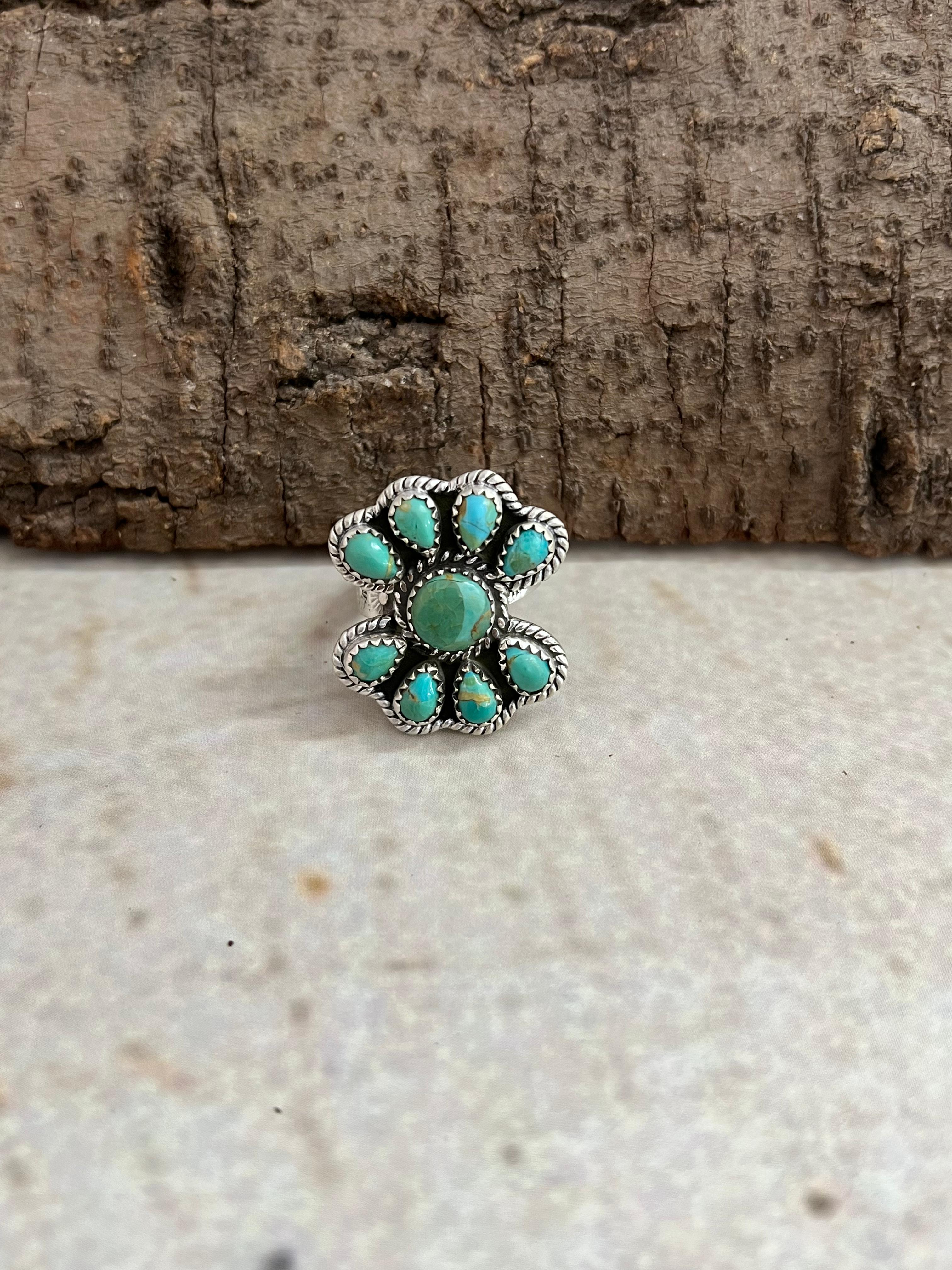Handmade Sterling Silver Kingman Turquoise Adjustable Ring, Signed Nizhoni