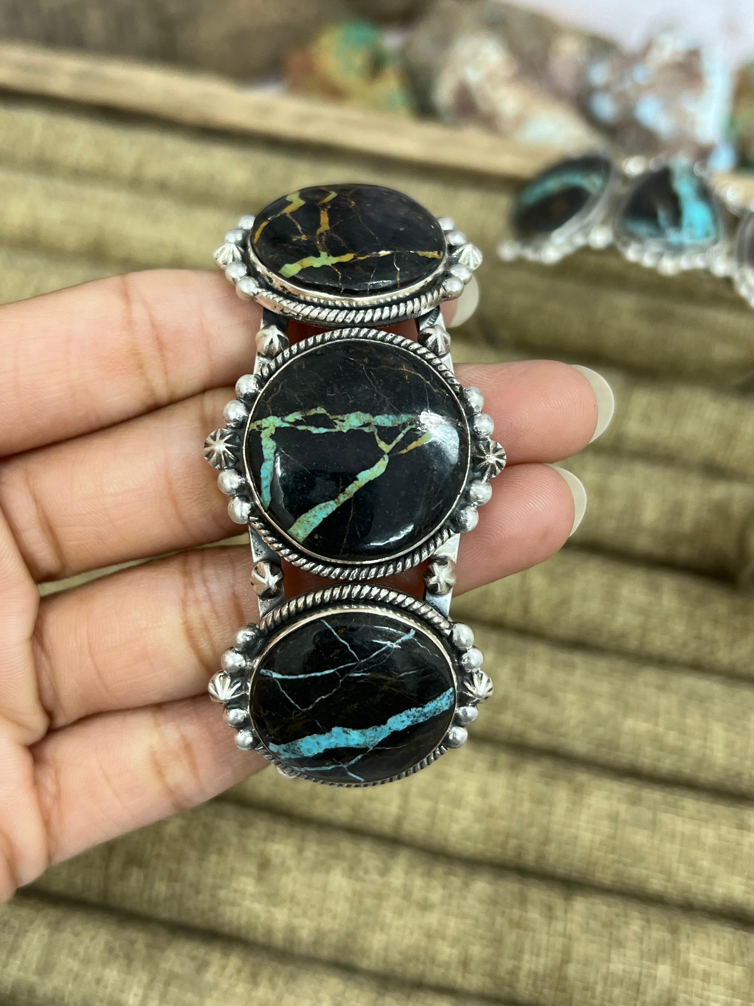 Handmade Sterling Silver Black Jack Cuff Bracelet with Signed Nizhoni