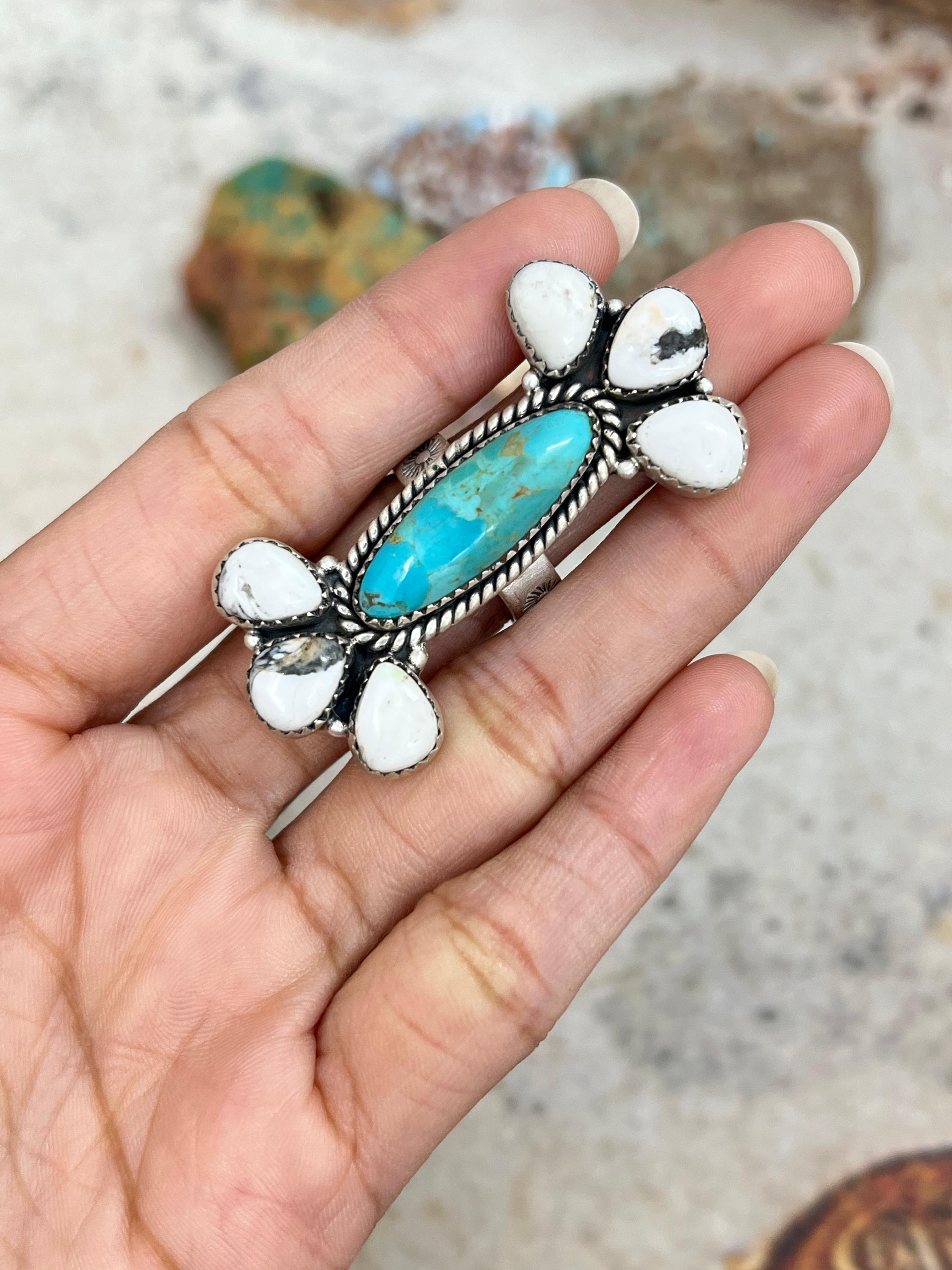 Handmade Sterling Silver White Buffalo with Kingman Turquoise Adjustable Ring with Signed Nizhoni