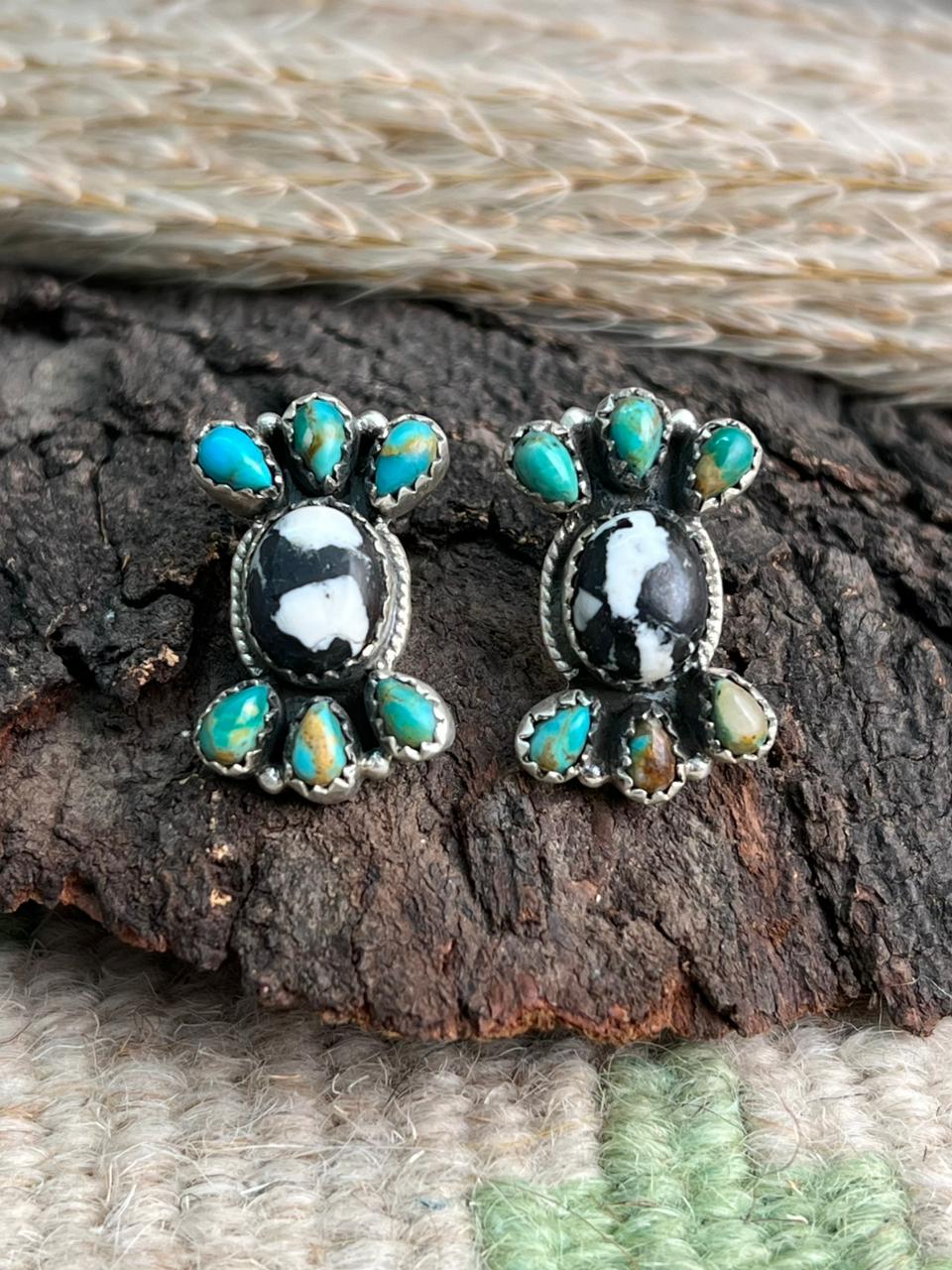 Handmade Sterling Silver White Buffalo with Kingman Turquoise Post Studs Earrings "Signed Nizhoni"