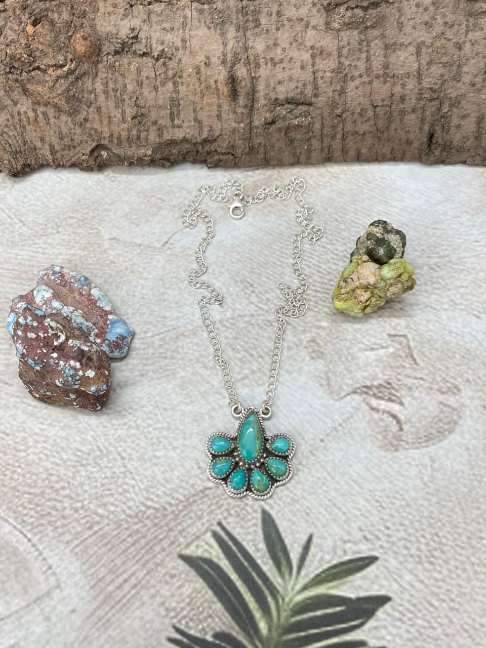 Handmade Sterling Silver Kingman Turquoise Necklace with Signed Nizhoni