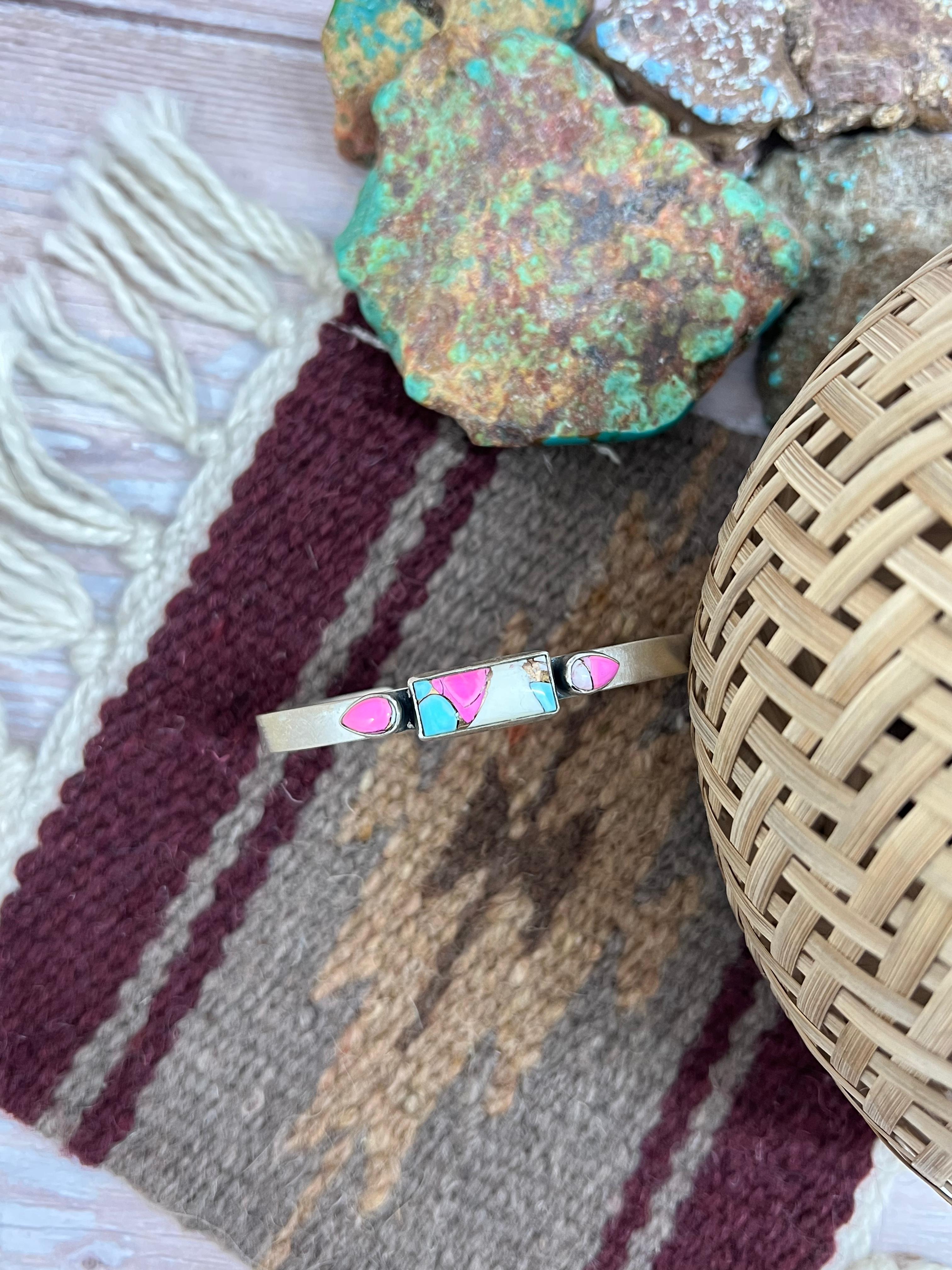 Handmade Sterling Silver Cotton Candy Turquoise Cuff Bracelet with Signed Nizhoni