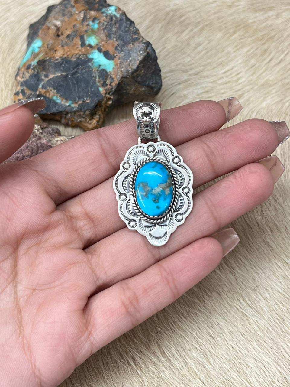Handmade Sterling Silver Arizona Blue Turquoise Pendant "Signed Nizhoni"