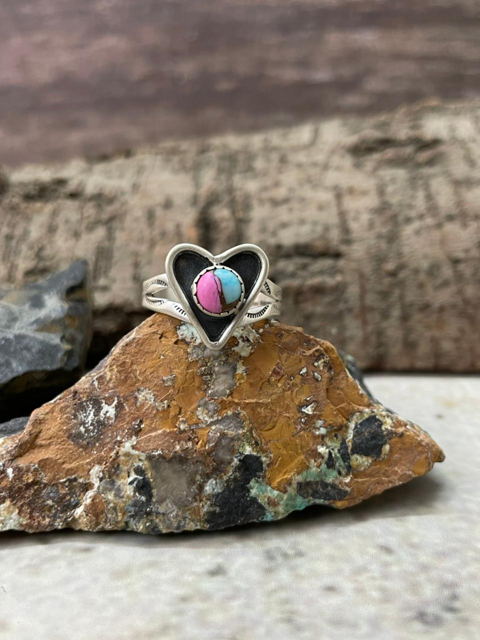 "Heart Collection" Handmade Sterling Silver Cotton Candy Adjustable Ring "Signed Nizhoni"