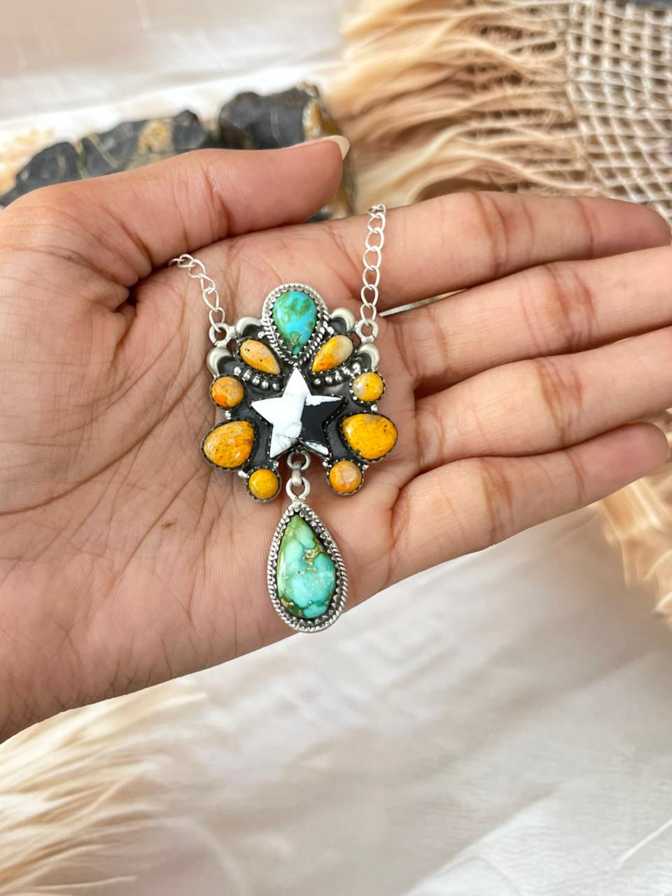Handmade Sterling Silver Spring Collection: White Buffalo with Bumblebee & Sonoran Mountain Turquoise Necklace "Signed Nizhoni"