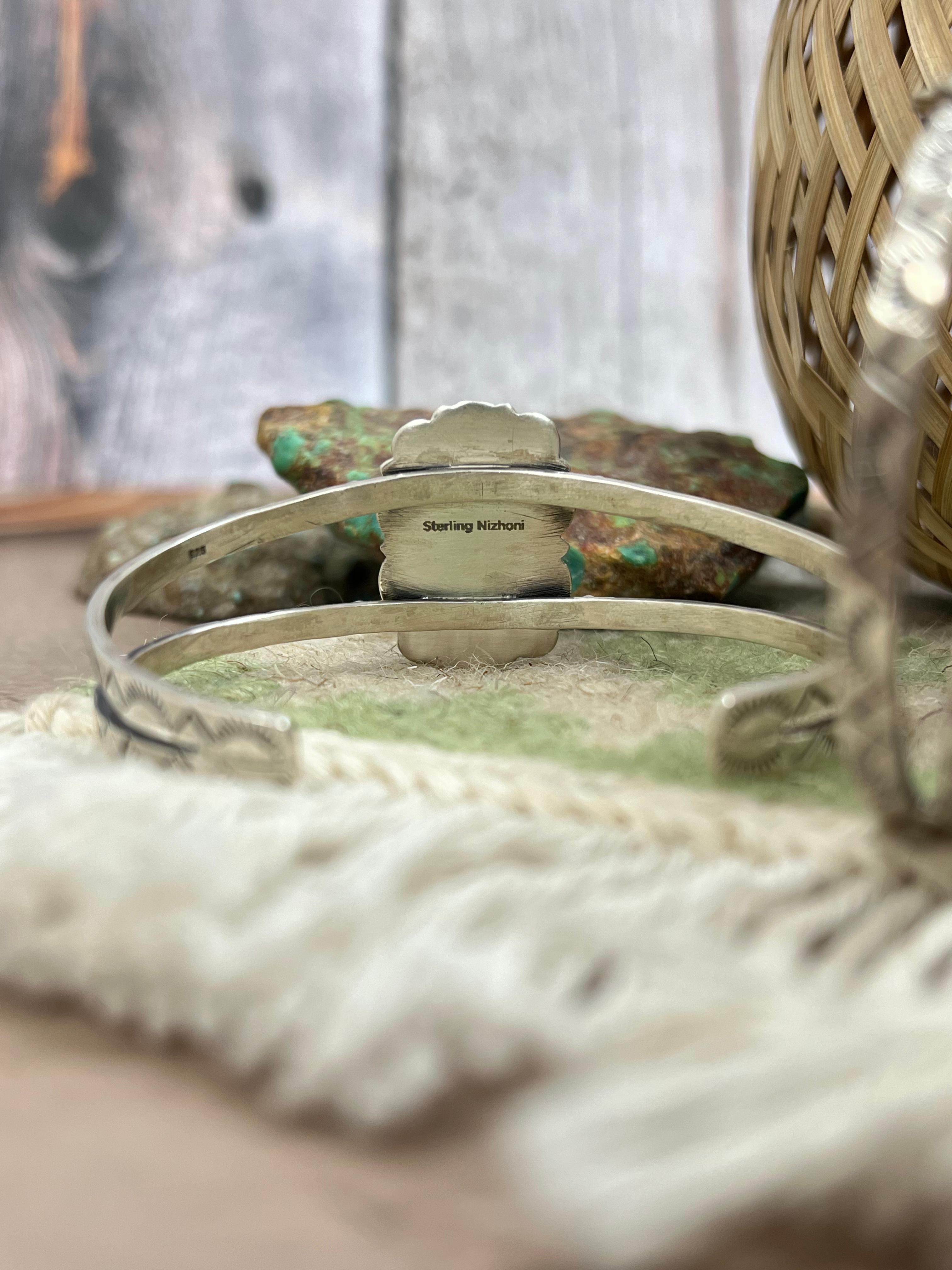 Handmade Sterling Silver Cotton Candy Turquoise Cuff Bracelet with Signed Nizhoni