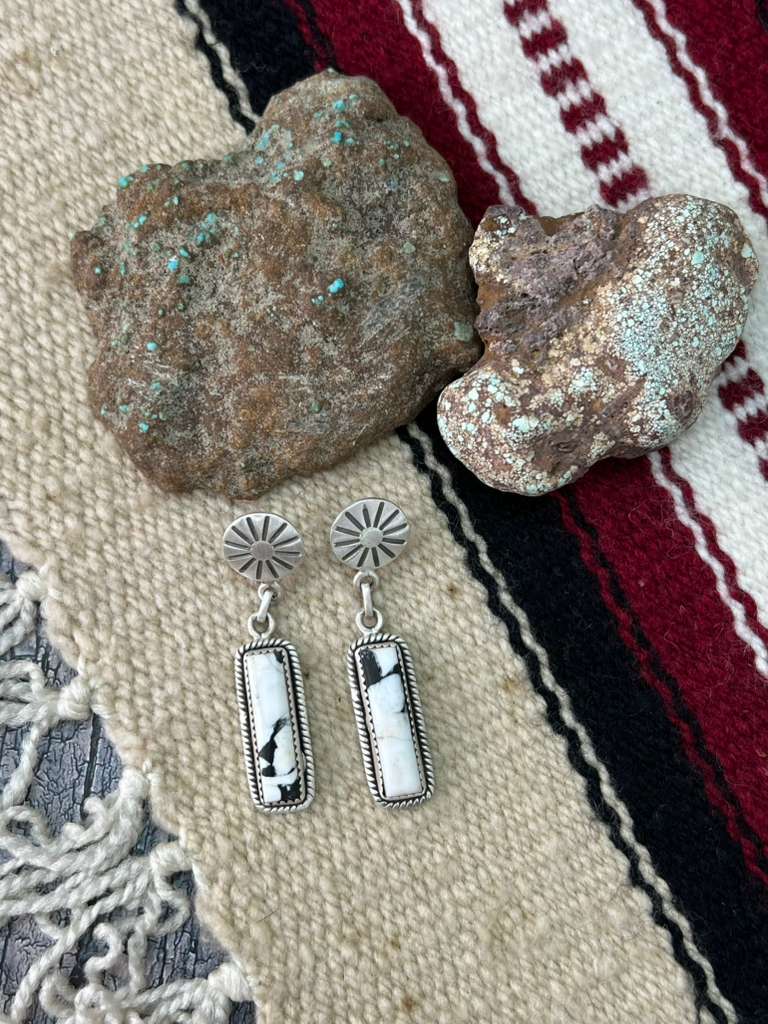 Handmade Sterling Silver White Buffalo Post Dangle Earrings "Signed Nizhoni"