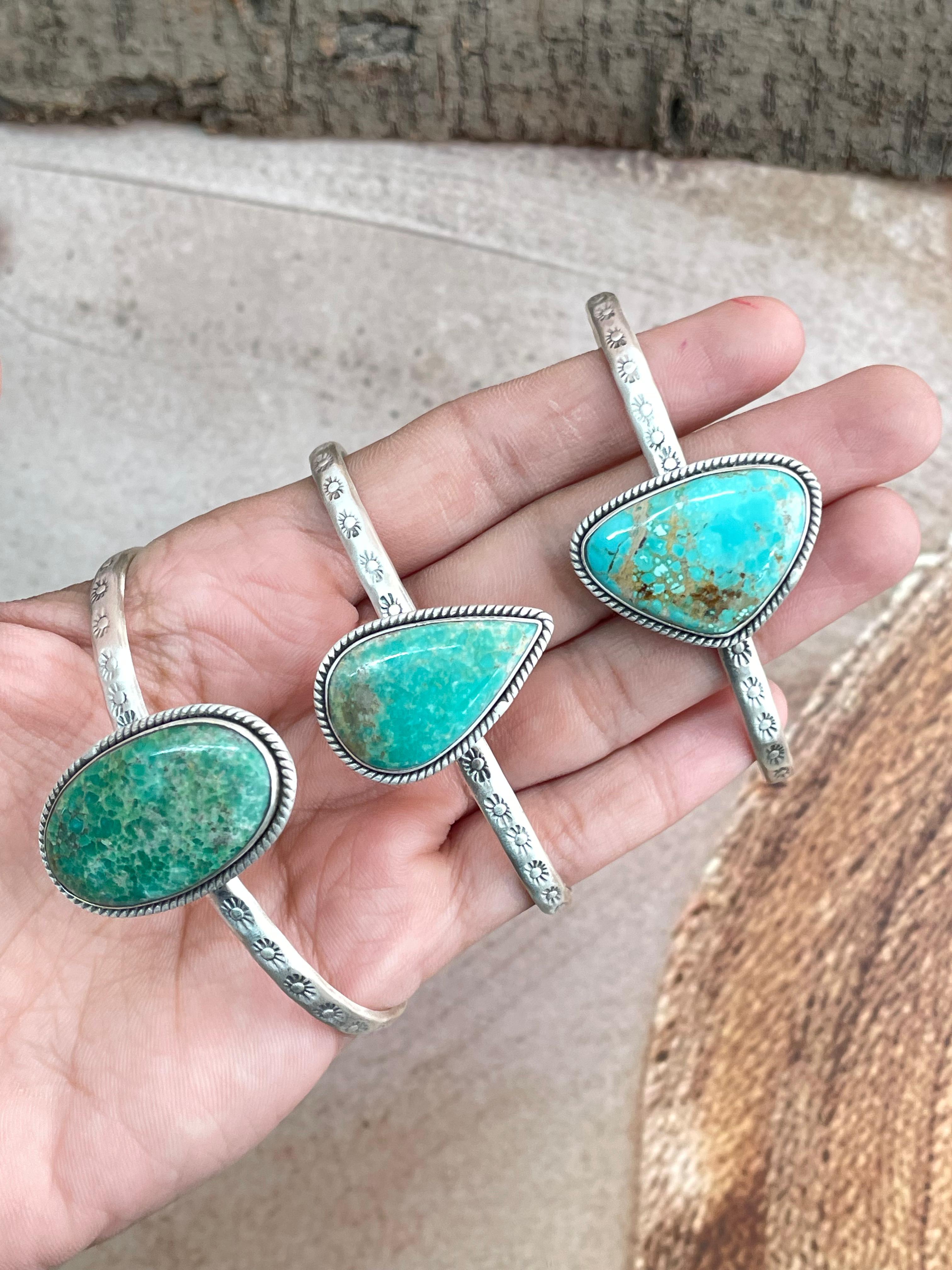 Handmade Sterling Silver Mantis Turquoise Cuff Bracelet with Signed Nizhoni