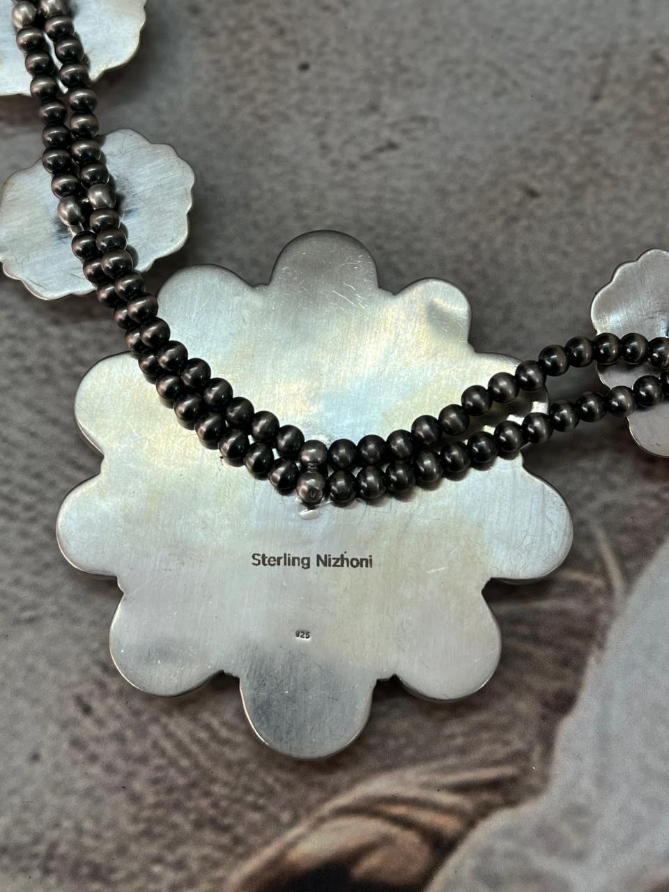 Handmade Sterling Silver Beaded Blackjack Turquoise Necklace "Signed Nizhoni"