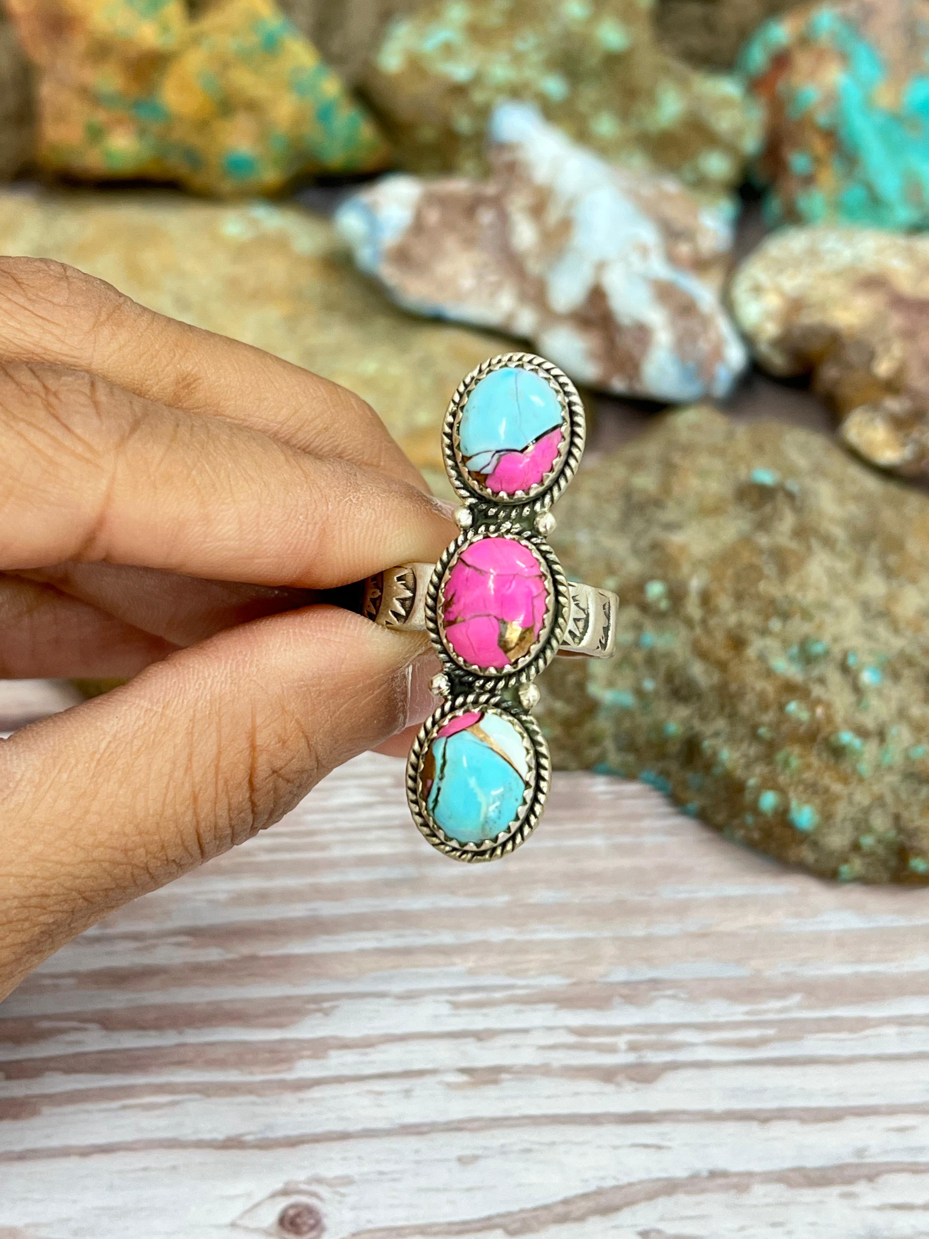 Handmade Sterling Silver Cotton Candy Turquoise Adjustable Ring with Signed Nizhoni