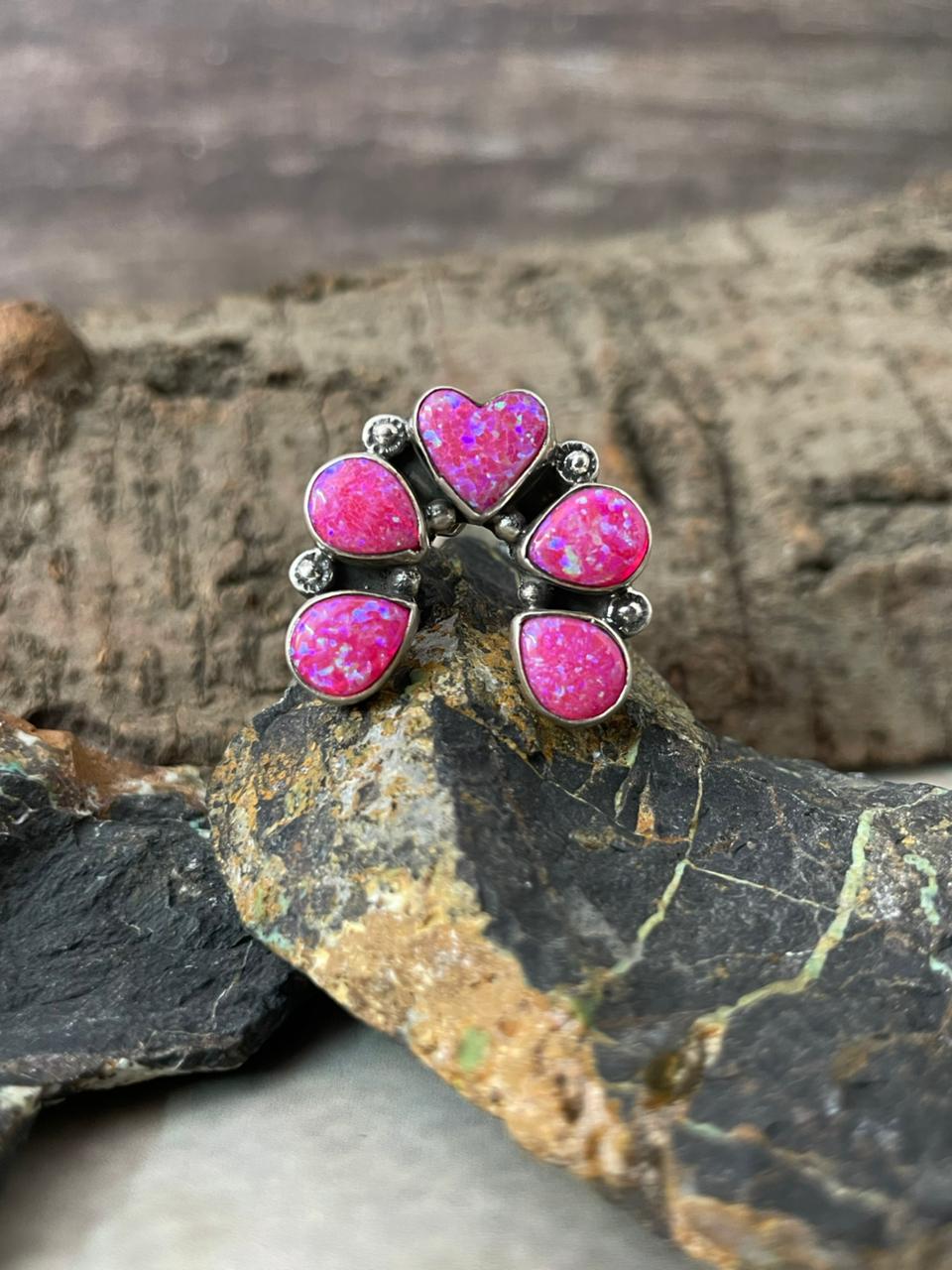 "Heart Collection" Handmade Sterling Silver Hot Pink Adjustable Ring "Signed Nizhoni"