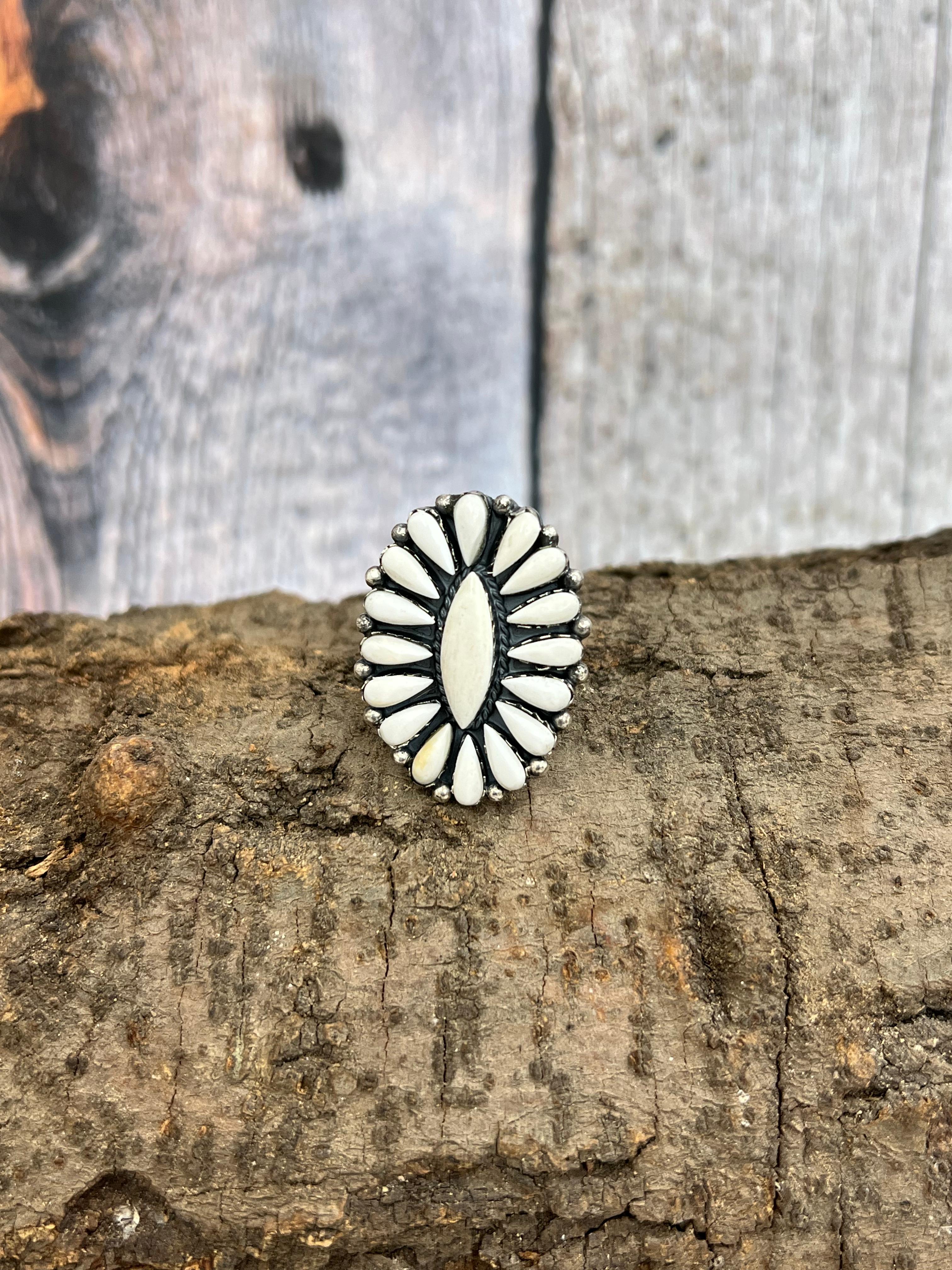 Handmade Sterling Silver White Buffalo Turquoise Adjustable Ring with Signed Nizhoni