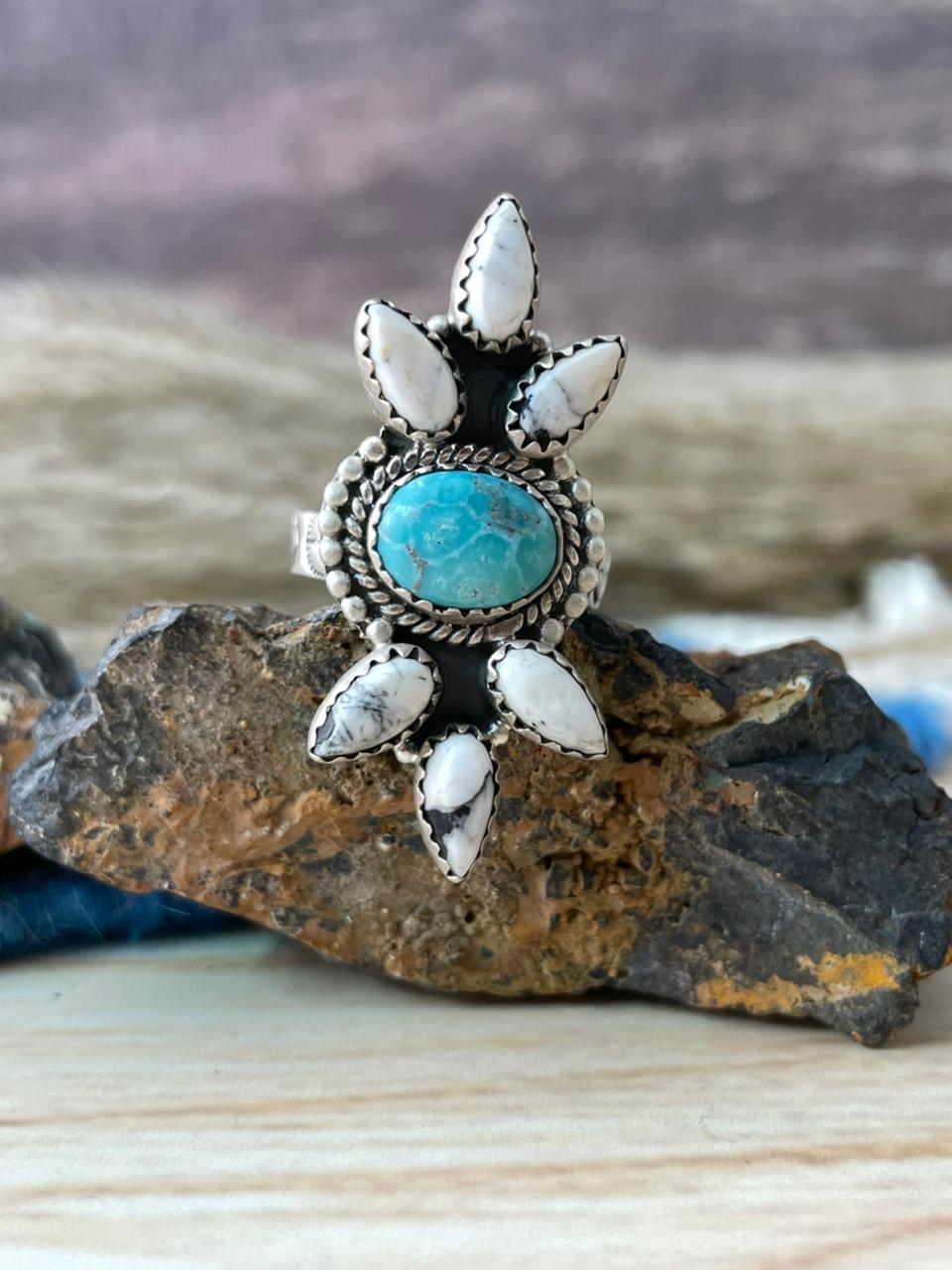 Handmade Sterling Silver White Water with White Buffalo Adjustable Ring "Signed Nizhoni"