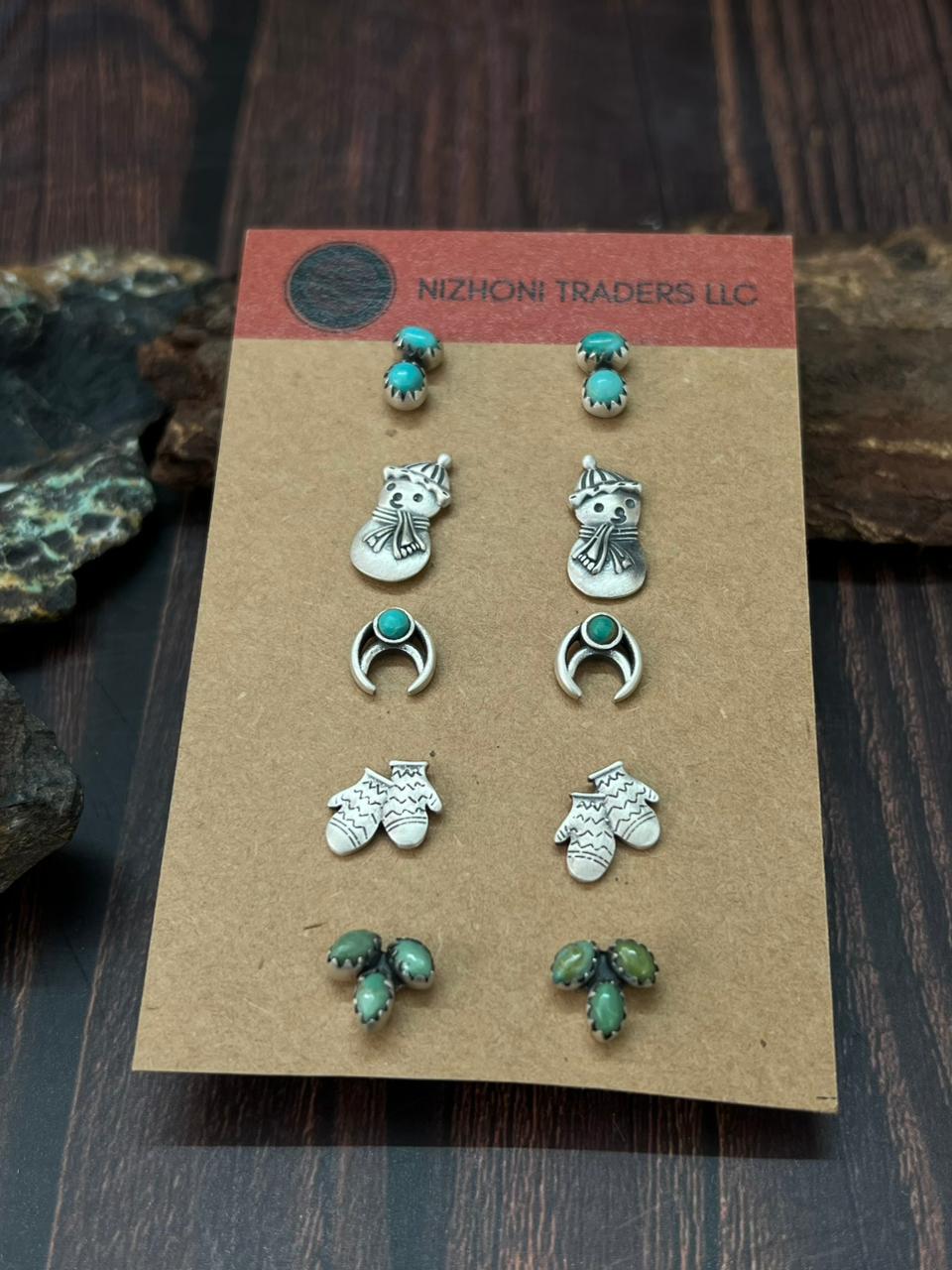 Handmade Sterling Silver Kingman Turquoise Post Studs Earrings Set