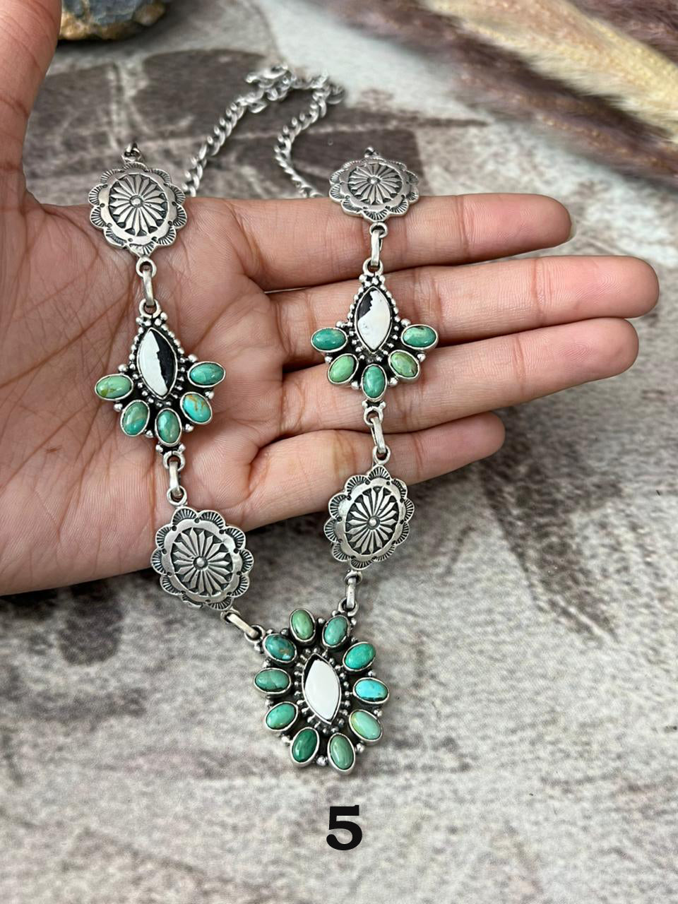 Handmade Sterling Silver Kingman Turquoise with White Buffalo Necklace "Signed Nizhoni"