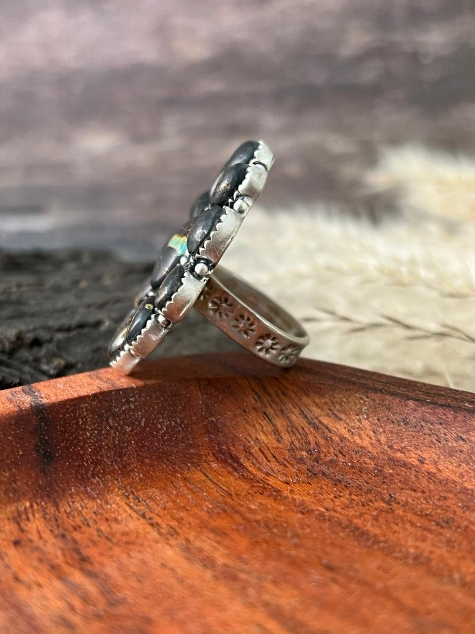 Handmade Sterling Silver Blackjack Turquoise Adjustable Ring "Signed Nizhoni"