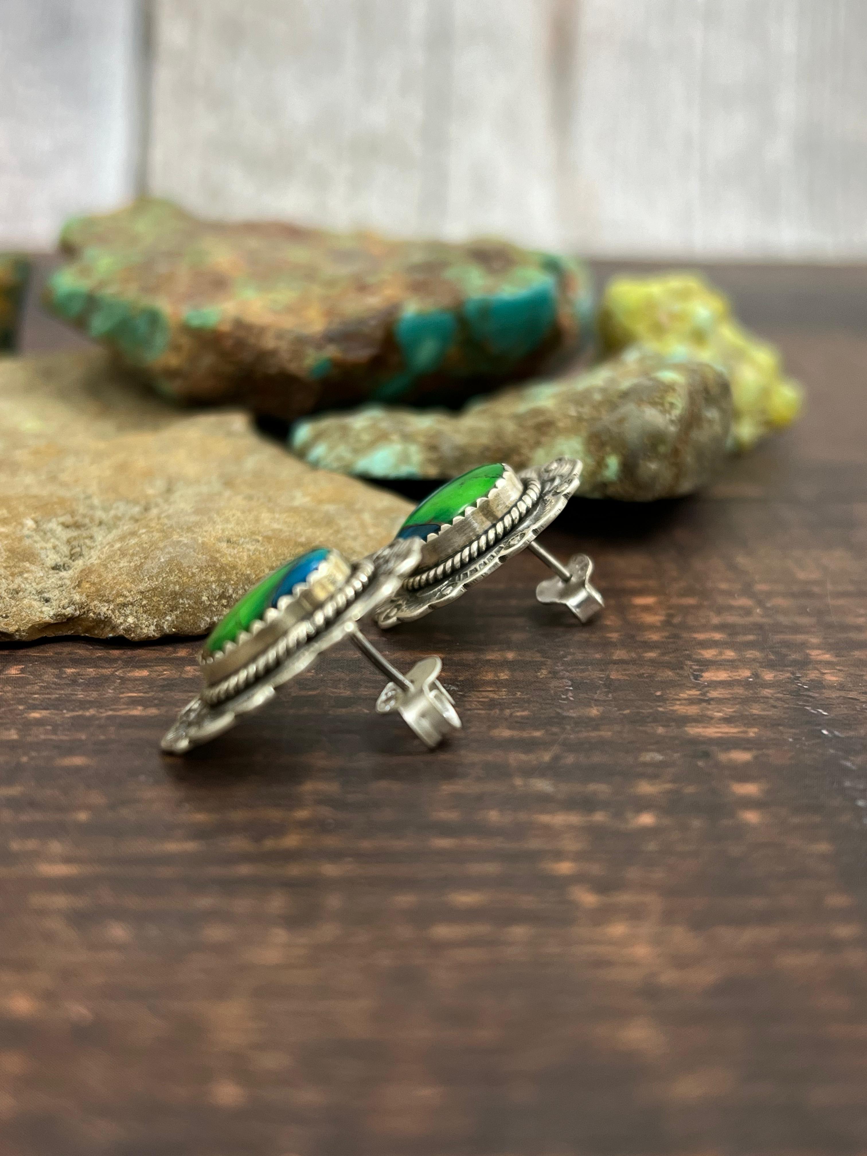 Handmade Sterling Silver Peacock Dahlia Post Earrings with Signed Nizhoni