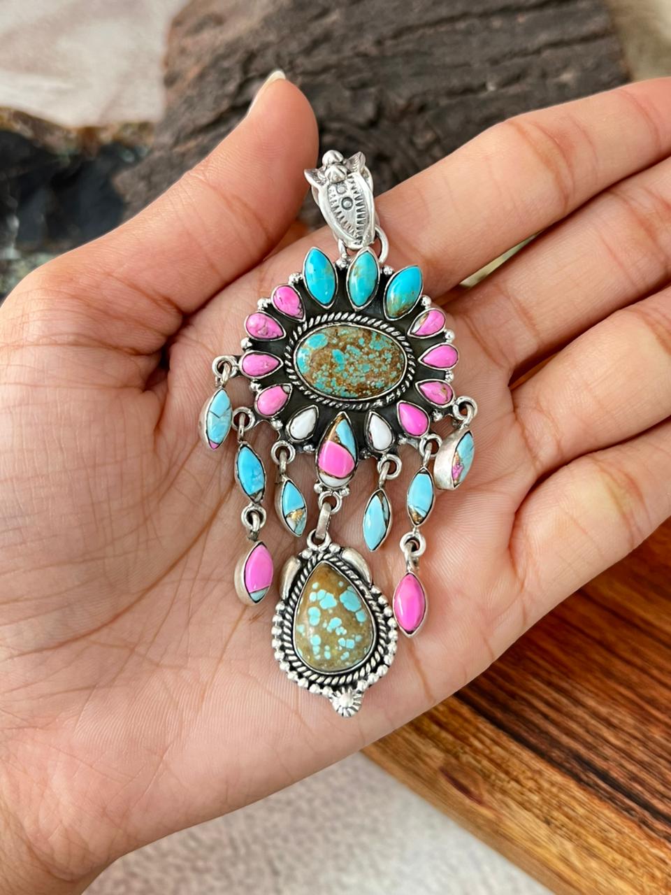 Handmade Sterling Silver Cotton Candy with Number 8 Turquoise Pendant "Signed Nizhoni"