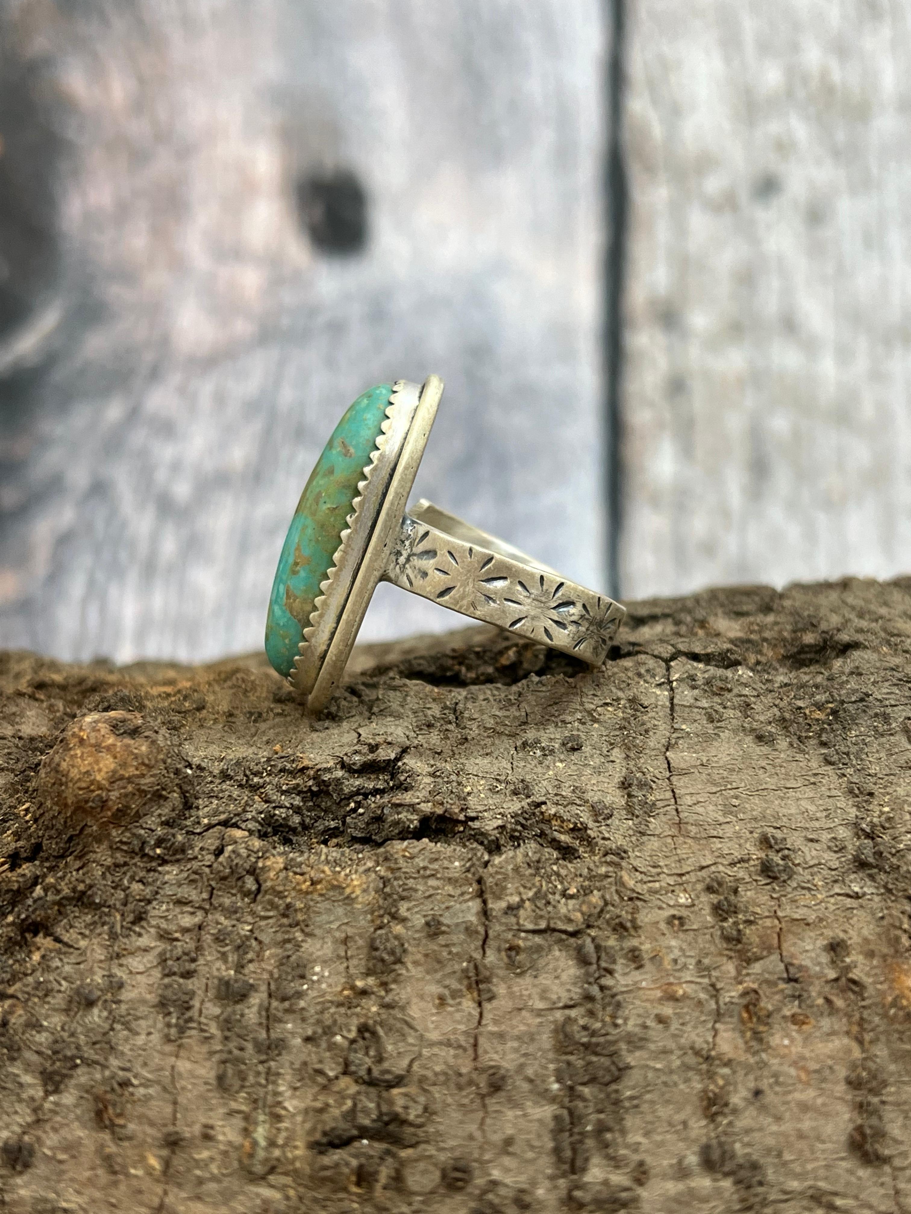 Handmade Sterling Silver Royston Turquoise Adjustable Ring with Signed Nizhoni