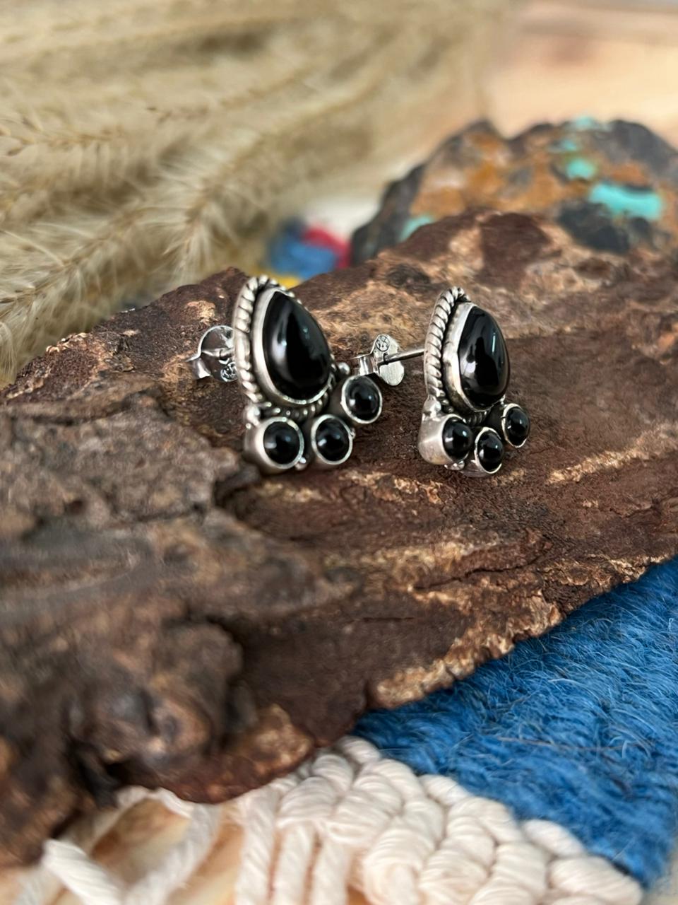 Handmade Sterling Silver Black Onyx Post Studs Earrings "Signed Nizhoni"