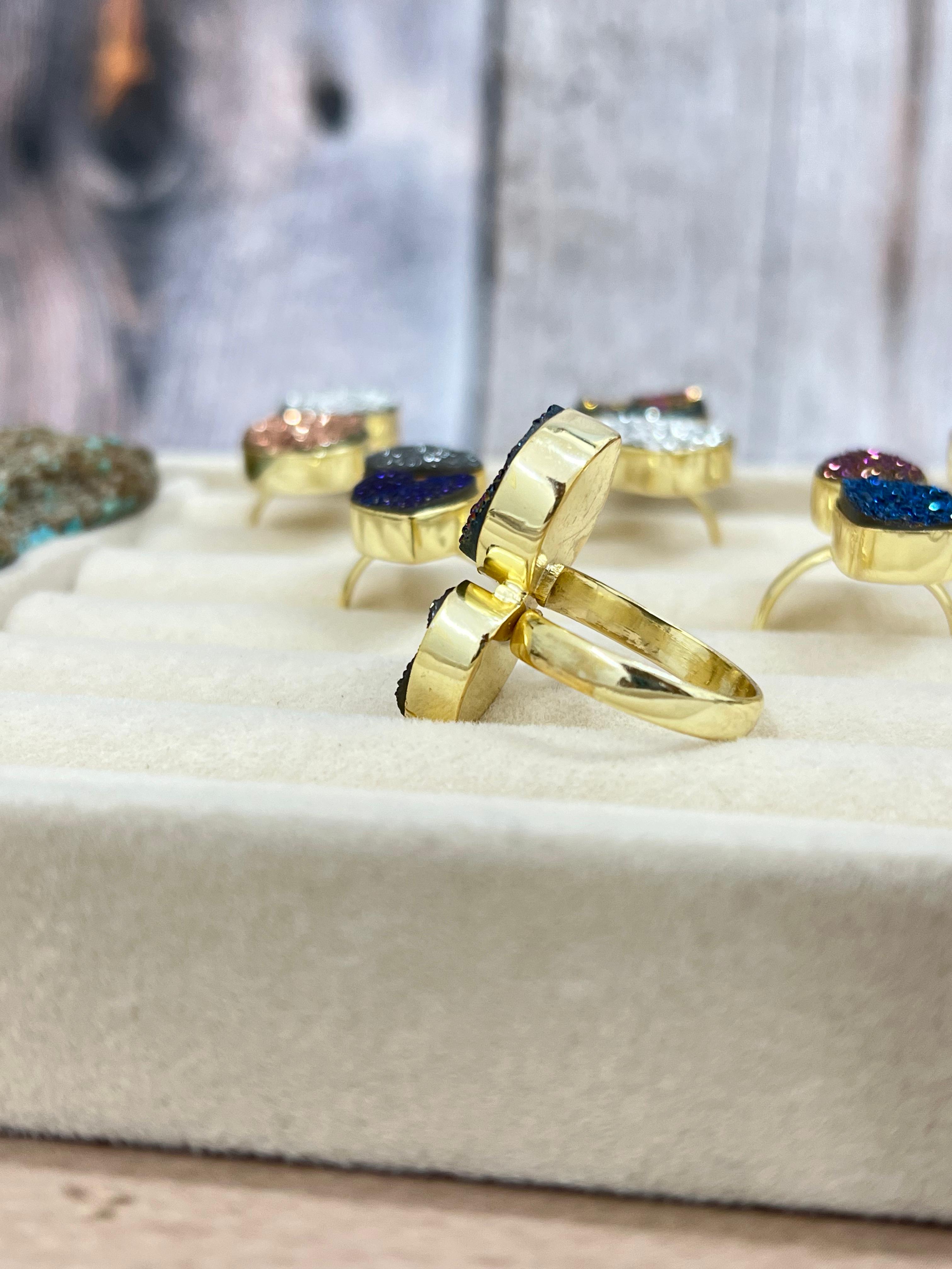 “The Boho Collection” Handmade Natural Druzy 2 Stone Adjustable Ring